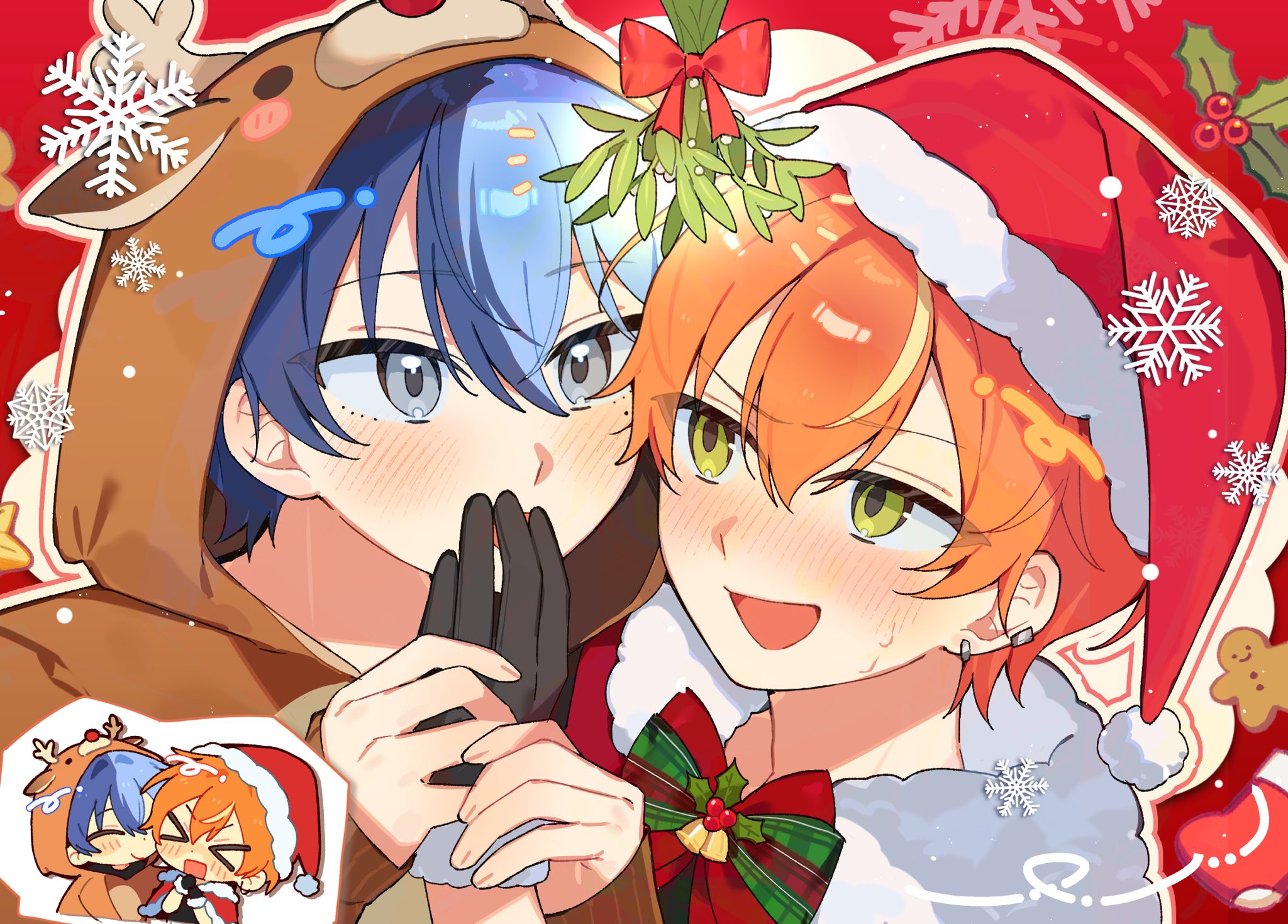 nemururin, aoyagi touya, shinonome akito, project sekai, highres, 2boys, animal costume, animal hood, black gloves, chibi, fur trim, gloves, green eyes, grey eyes, hat, hood, looking at another, multicolored hair, multiple boys, open mouth, orange hair, reindeer costume, santa hat, snowflakes
