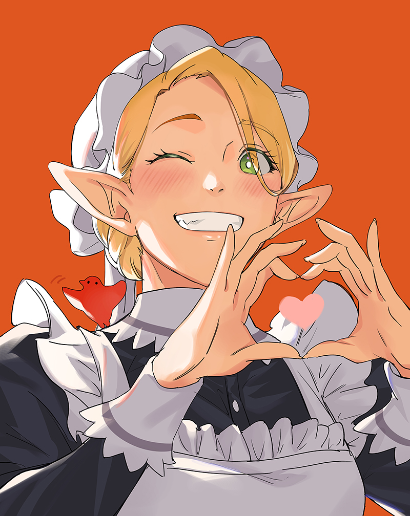marcille donato, dungeon meshi, commentary request, 1girl, apron, black dress, blonde hair, blush, bonnet, breasts, collared dress, dress, elf, green eyes, grin, heart, heart hands, looking at viewer, maid, maid apron, medium breasts, one eye closed, orange background, parted bangs, pointy ears, smile, solo, swept bangs, teeth, updo, upper body, white apron, white bonnet, yumi zua