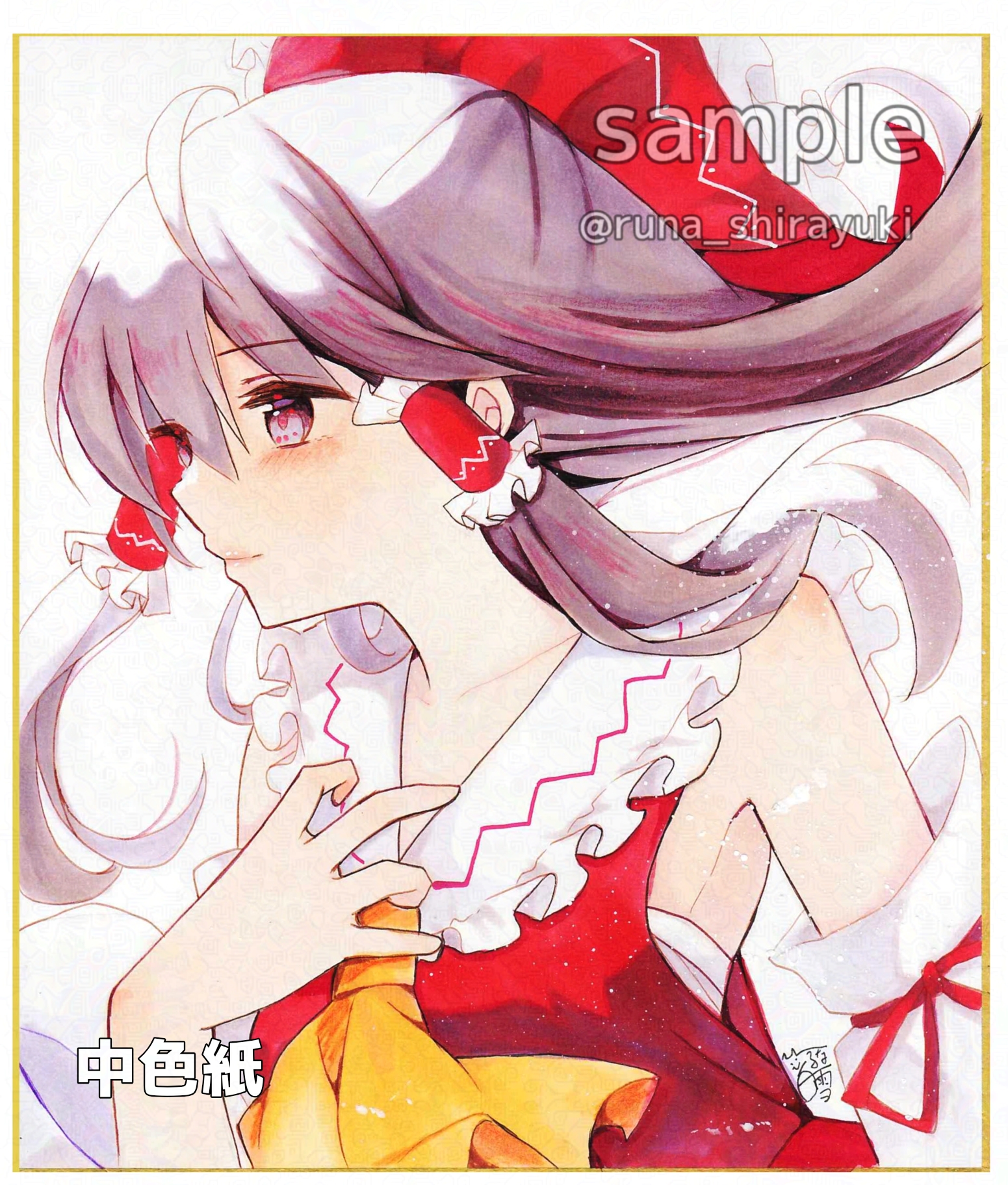 shirayuki runa, hakurei reimu, touhou, commentary request, highres, marker (medium), traditional media, 1girl, ascot, blush, bow, brown eyes, brown hair, chest sarashi, closed mouth, detached sleeves, frilled bow, frilled hair tubes, frills, hair bow, hair tubes, long hair, red bow, sample watermark, sarashi, shikishi, solo, twitter username, watermark, yellow ascot