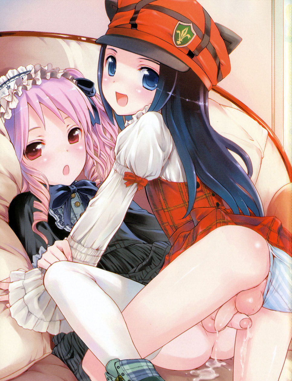 kasukabe akira, highres, 2boys, black hair, blue eyes, crossdressing, crossdressing (mtf), cum, foreskin, glans, multiple boys, panties, penis, pink hair, red eyes, shota, thighhighs, trap, trap on trap, uncensored, underwear, yaoi