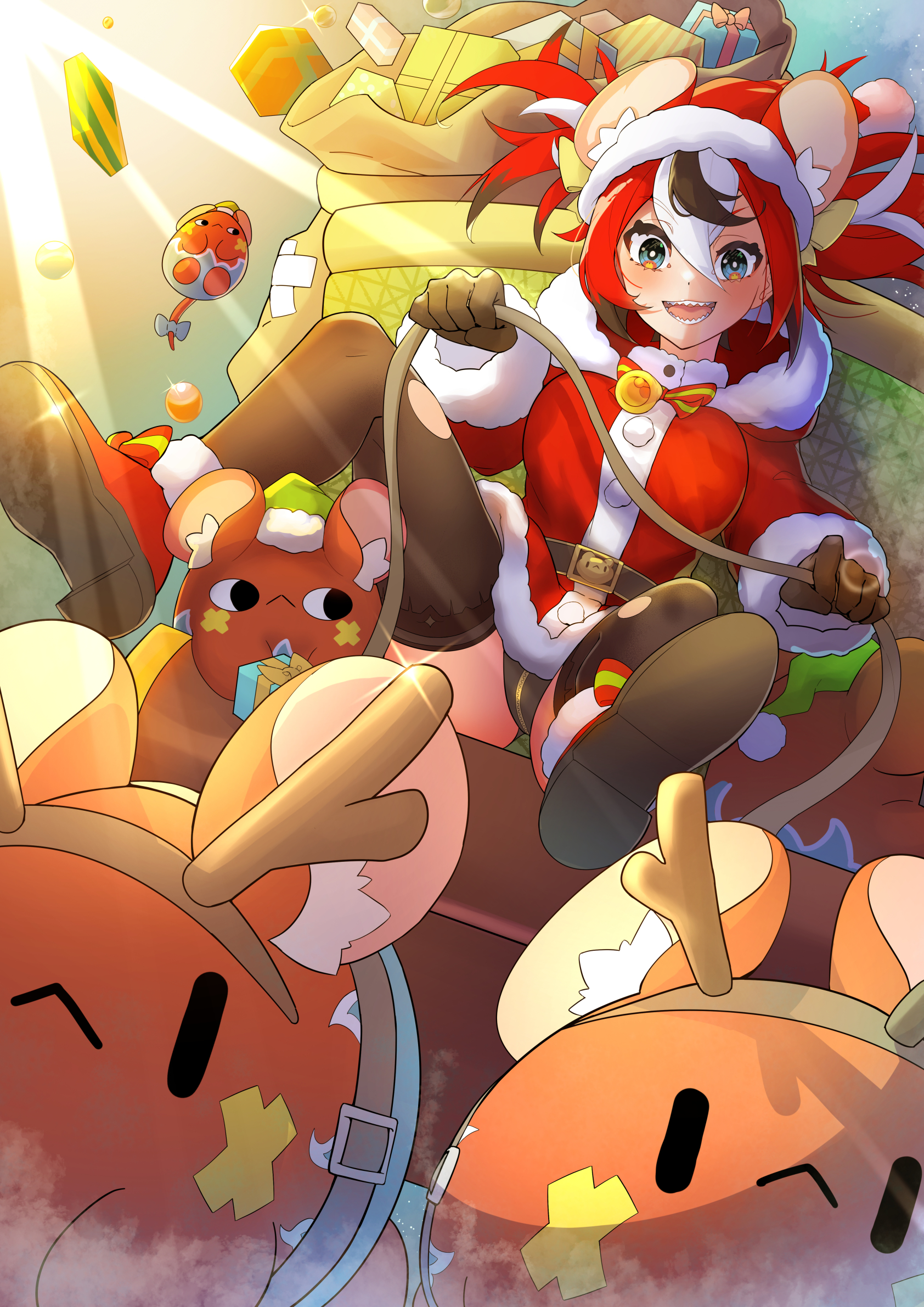 rlus, hakos baelz, hololive, hololive english, commentary, highres, 1girl, alternate costume, animal costume, animal ear fluff, animal ears, antlers, ball, belt, black belt, black gloves, black hair, black panties, black streaks, black thighhighs, blue eyes, box, brat (hakos baelz), breasts, christmas, christmas ornaments, christmas present, crotch zipper, double-parted bangs, dress, fur-trimmed jacket, fur trim, gift, gift box, gloves, hair between eyes, hat, holding, holding gift, holding reins, hood, horns, jacket, light rays, medium breasts, mouse ears, mouse tail, multicolored hair, open mouth, panties, pantyshot, red hair, red shoes, reindeer antlers, reindeer costume, reins, ribbon, sack, santa costume, santa dress, santa hat, sharp teeth, shoes, sitting, sky, sleigh, sunbeam, sunlight, tail, teeth, thighhighs, thighs, torn clothes, torn thighhighs, twintails, underwear, uneven twintails, v-shaped eyebrows, virtual youtuber, white hair, zipper panties