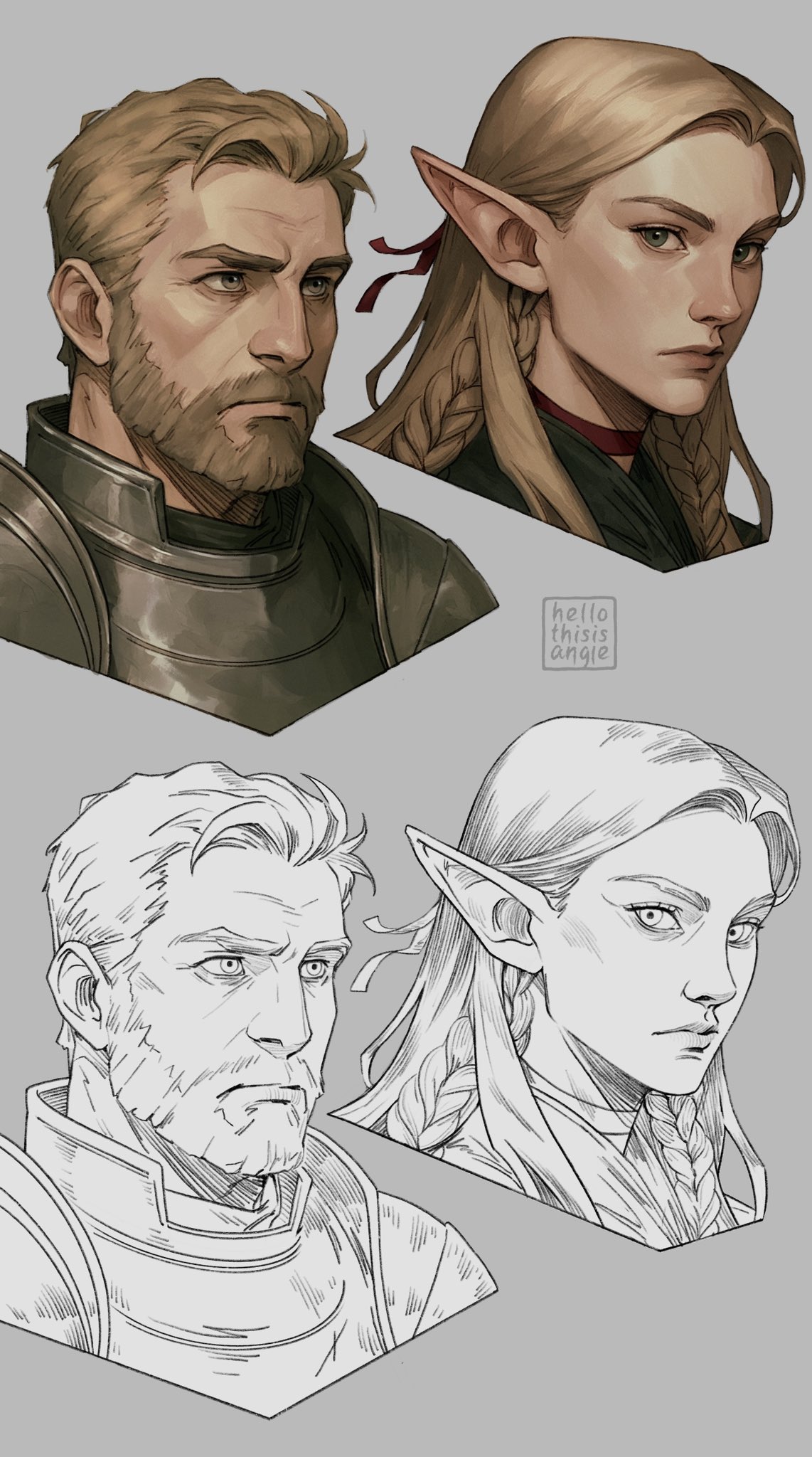 heythisisangle, laios touden, marcille donato, dungeon meshi, commentary, english commentary, highres, 1boy, 1girl, aged up, armor, artist name, beard, blonde hair, braid, choker, closed mouth, elf, facial hair, green eyes, grey background, hair ribbon, half updo, lineart, long hair, looking at viewer, looking to the side, mature male, parted bangs, pauldrons, plate armor, pointy ears, portrait, red choker, red ribbon, ribbon, short hair, shoulder armor, twin braids, upper body, yellow eyes