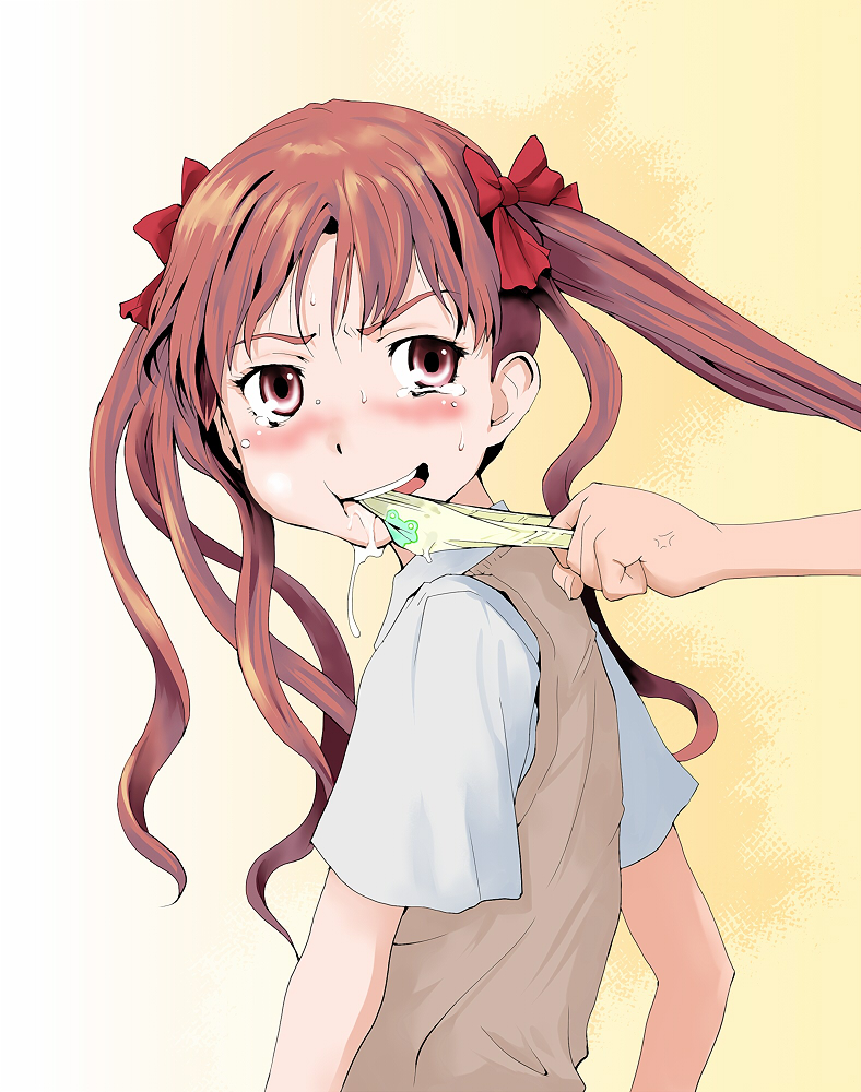 tamaoki benkyou, shirai kuroko, toaru kagaku no railgun, toaru majutsu no index, bad id, bad pixiv id, 00s, 1girl, biting, blush, bow, brown hair, female focus, hair bow, mouth hold, panties, print panties, saliva, solo, sweat, sweater vest, tears, twintails, underwear