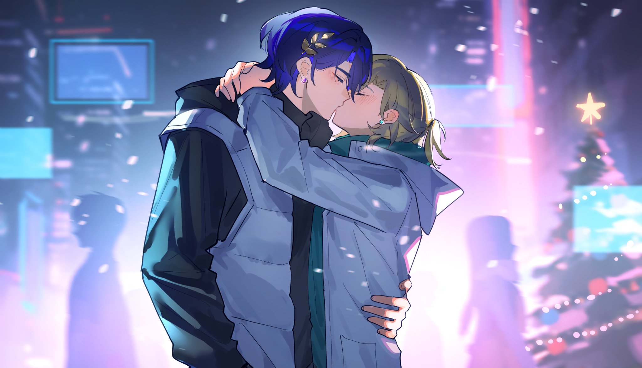 minto sakuratou, aventurine (honkai: star rail), dr. ratio (honkai: star rail), honkai: star rail, honkai (series), hashtag-only commentary, highres, 2boys, arms around neck, arms up, black jacket, blonde hair, blue hair, christmas, christmas lights, christmas ornaments, christmas tree, earrings, grey jacket, hood, hooded jacket, jacket, jewelry, laurels, long sleeves, male focus, multiple boys, outdoors, people, piercing, ponytail, short hair, snowing, upper body, winter, yaoi