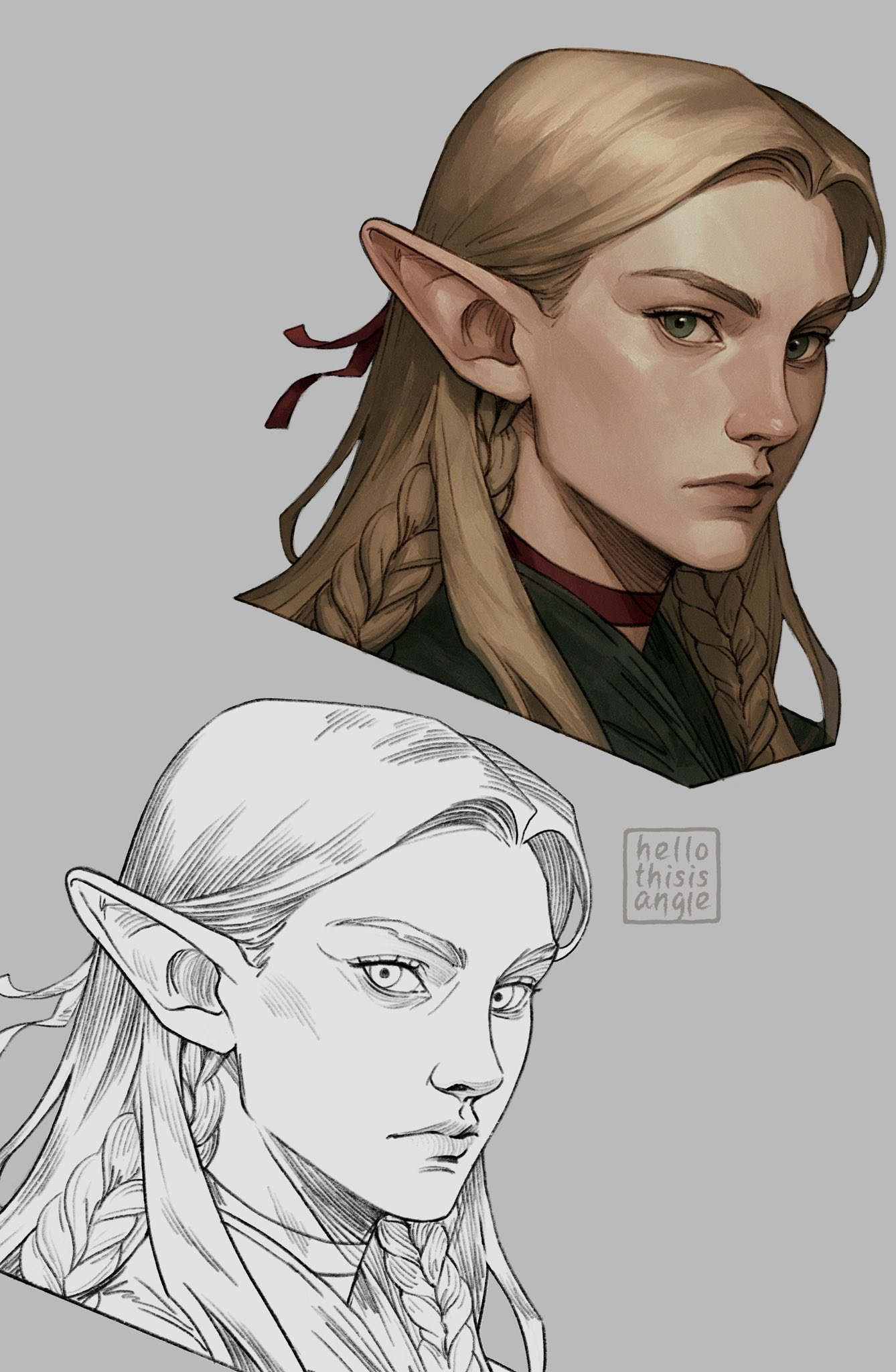 heythisisangle, marcille donato, dungeon meshi, commentary, english commentary, highres, 1girl, aged up, artist name, blonde hair, braid, choker, closed mouth, elf, green eyes, grey background, hair ribbon, half updo, lineart, long hair, looking at viewer, parted bangs, pointy ears, portrait, red choker, red ribbon, ribbon, solo, twin braids, upper body