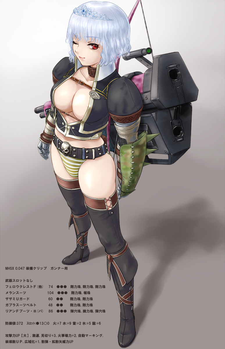 rasukaru, capcom, monster hunter (series), monster hunter frontier, silver hair, highres, translation request, 1girl, armor, breasts, cleavage, female focus, large breasts, meran (armor), panties, red eyes, short hair, solo, striped clothes, striped panties, thighhighs, tiara, underwear
