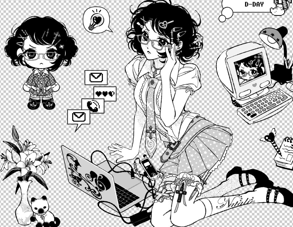 original, 1girl, :<, adjusting eyewear, bell, belt, ben-day dots, cable, cat, charger, checkered background, chibi, chibi inset, closed mouth, collared shirt, computer, computer keyboard, computer mouse, cross, cross hair ornament, cross necklace, crt, curly hair, desk lamp, english text, fake transparency, flourish (design), flower, frilled shirt, frills, full body, glasses, greyscale, hair ornament, hair stick, hairclip, heart, jewelry, kneehighs, knife, lamp, laptop, light bulb, lily (flower), looking at viewer, mail, mary uu 1231, messy hair, miniskirt, monitor, monochrome, mp3 player, necklace, necktie, notebook, open collar, pen, petticoat, phone, pleated skirt, polka dot, polka dot skirt, print necktie, print skirt, puffy short sleeves, puffy sleeves, ribbon legwear, screentones, shirt, short hair, short sleeves, sitting, skirt, sleeve ribbon, socks, socks over thighhighs, solo, speech bubble, spoken light bulb, star (symbol), star print, thighhighs, thought bubble, tie clip, v-shaped eyebrows, vase, wing collar, x hair ornament, yokozuwari