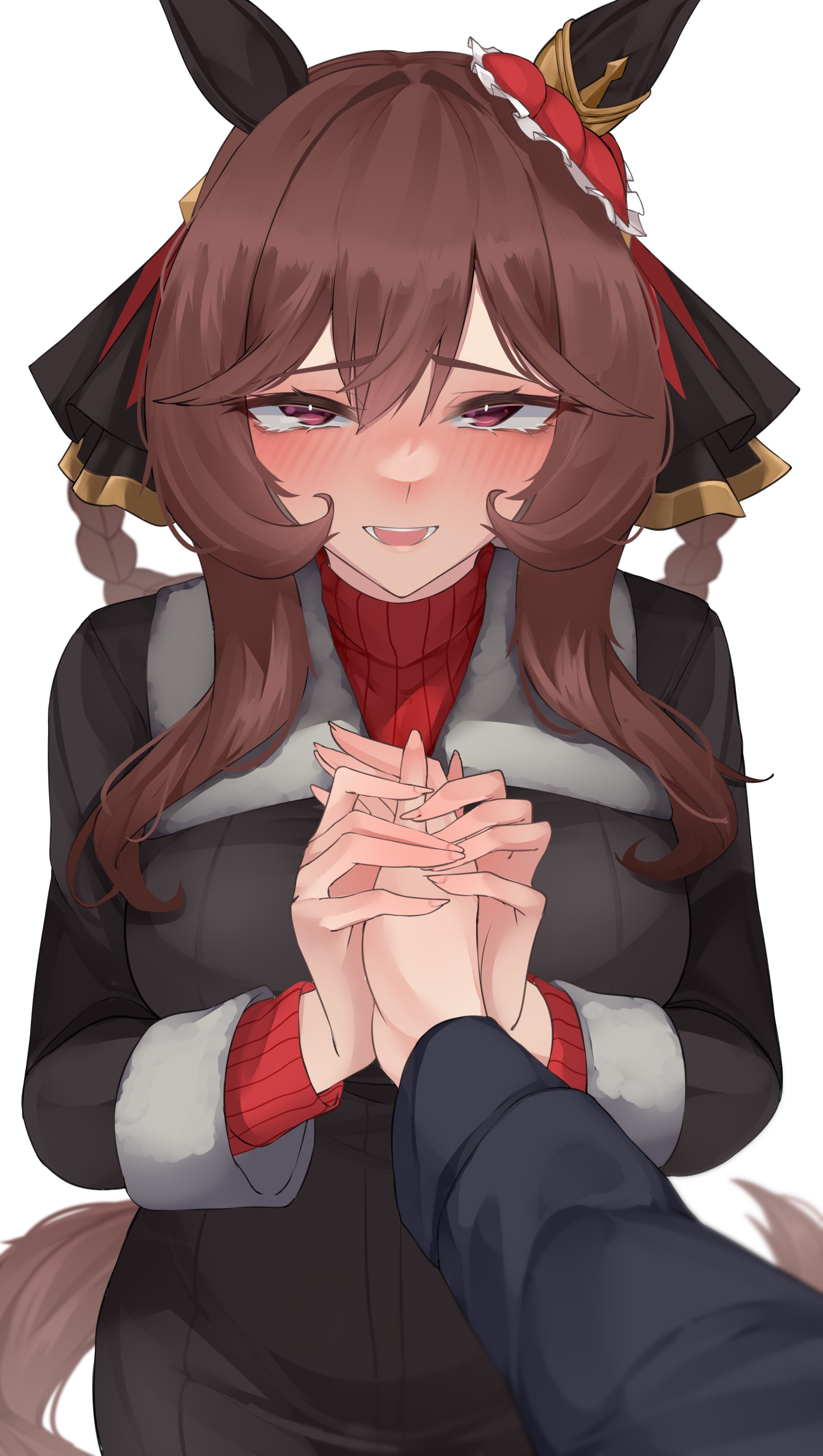 xkittyzx, gentildonna (umamusume), umamusume, absurdres, commentary, english commentary, highres, 1girl, 1other, :d, animal ears, black coat, braid, braided hair rings, breasts, brown hair, coat, hair between eyes, hair rings, holding hands, horse ears, horse girl, horse tail, large breasts, long hair, long sleeves, looking at viewer, open mouth, pov, purple eyes, red sweater, smile, solo, sweater, tail, teeth, upper body, upper teeth only