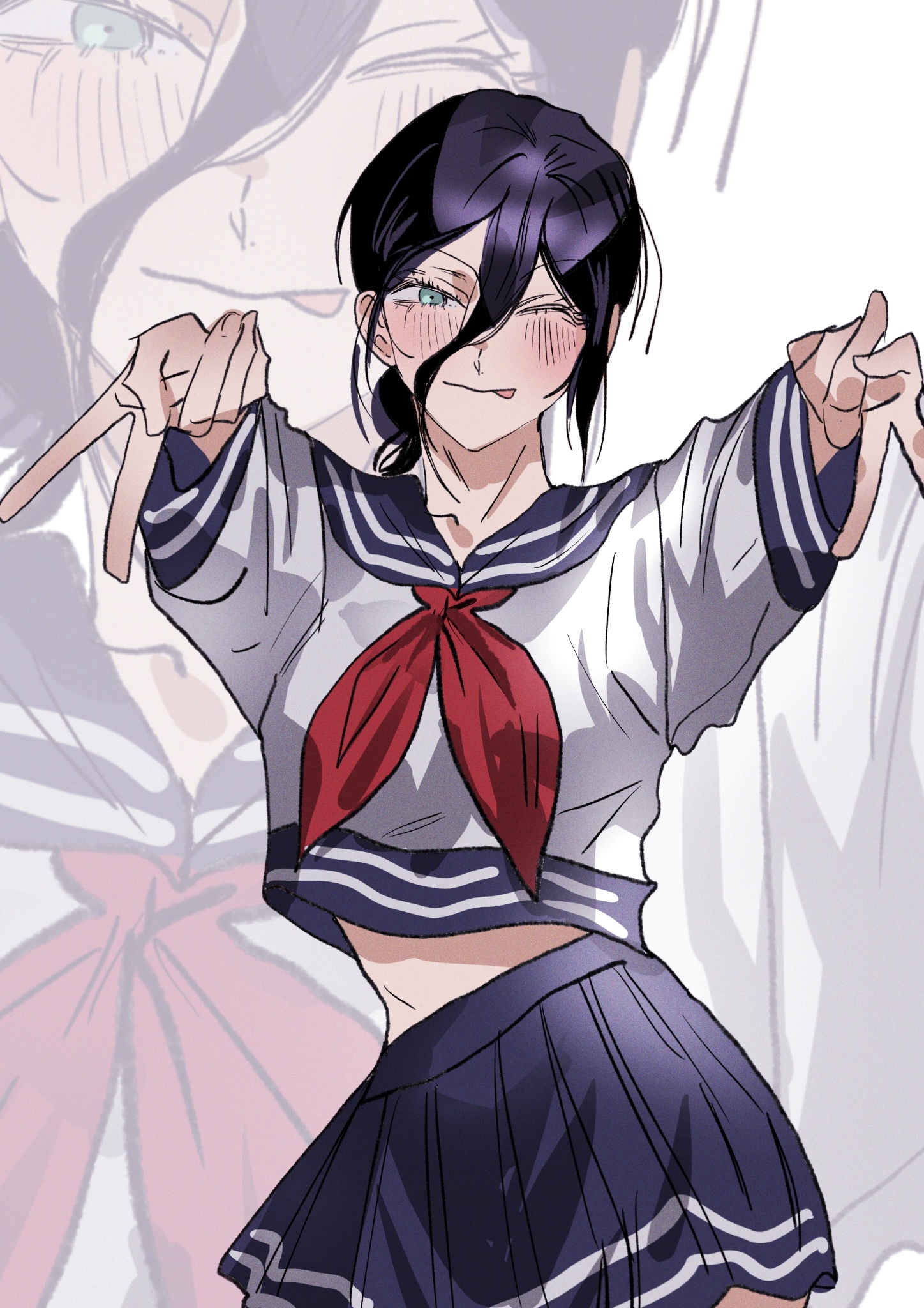 busuttt, reze (chainsaw man), chainsaw man, commentary request, highres, korean commentary, 1girl, blue sailor collar, blue skirt, blush, breasts, crop top, double v, green eyes, hair between eyes, hair bun, medium breasts, medium hair, midriff, neckerchief, one eye closed, pleated skirt, purple hair, red neckerchief, sailor collar, school uniform, shirt, skirt, smile, solo, tongue, tongue out, updo, v, white shirt