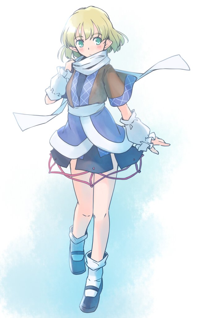 rangycrow, mizuhashi parsee, touhou, commentary request, 1girl, arm warmers, black shirt, black shoes, black skirt, blonde hair, blue skirt, brown jacket, expressionless, full body, green eyes, hand up, jacket, knees, mary janes, miniskirt, one-hour drawing challenge, pointy ears, scarf, shirt, shoes, short hair, short sleeves, skirt, socks, solo, thighs, white scarf, white socks