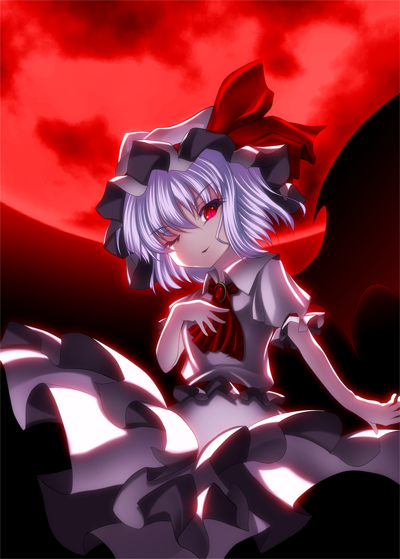 kiyomin, remilia scarlet, touhou, light purple hair, 1girl, bat wings, female focus, hat, moon, red eyes, red moon, short hair, solo, wings