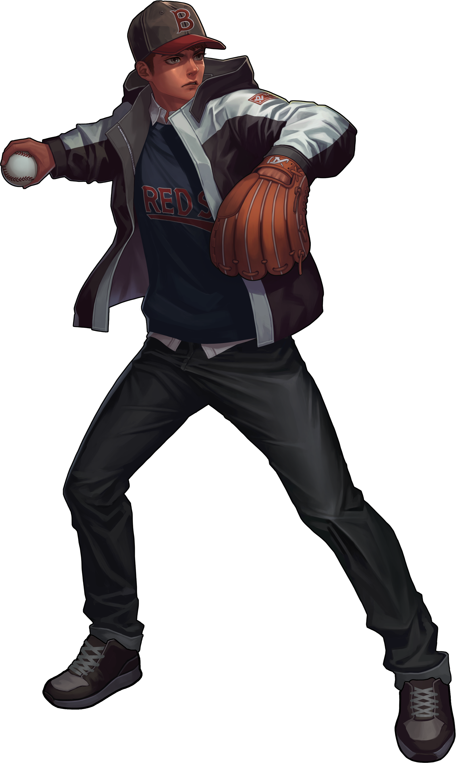 black survival, absurdres, artist request, highres, official art, third-party source, 1boy, ball, baseball (object), baseball cap, baseball glove, black pants, brown hair, closed mouth, collared shirt, grey eyes, hat, holding, holding ball, jacket, pants, pitching, shirt, shoes, sneakers, solo, transparent background, william benson