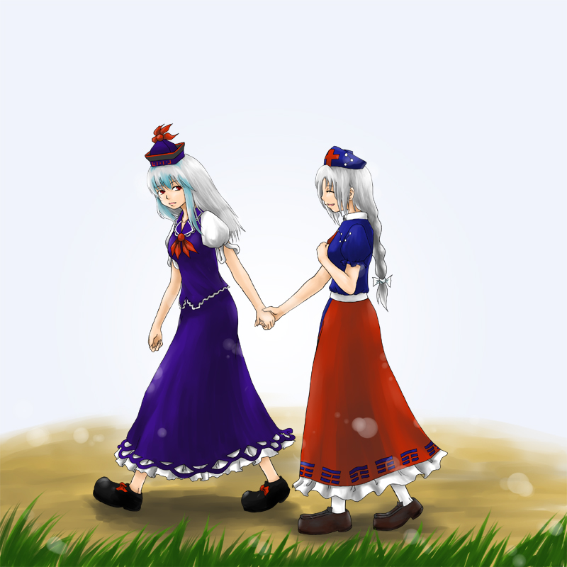 yokochou, kamishirasawa keine, yagokoro eirin, touhou, silver hair, 2girls, braid, day, female focus, grass, hat, holding hands, long hair, multicolored hair, multiple girls, outdoors, red eyes, skirt, trigram, two-tone hair, walking