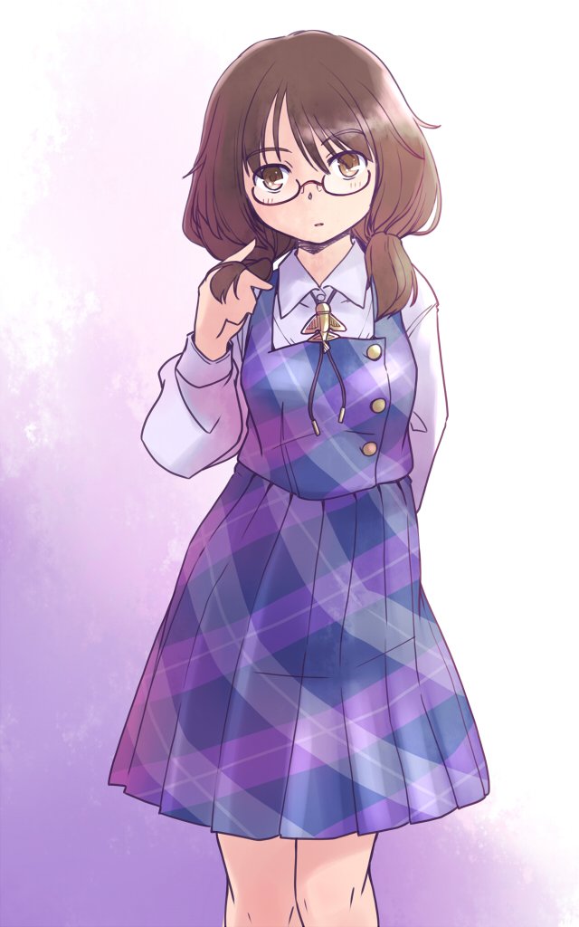 rangycrow, usami sumireko, touhou, commentary request, 1girl, arm behind back, brown eyes, brown hair, collared shirt, feet out of frame, hand in own hair, hand up, jewelry, knees, light blush, long sleeves, necklace, one-hour drawing challenge, parted lips, plaid clothes, plaid skirt, plaid vest, pleated skirt, purple background, purple skirt, purple vest, quimbaya airplane, red-framed eyewear, shirt, skirt, solo, twintails, vest, white shirt