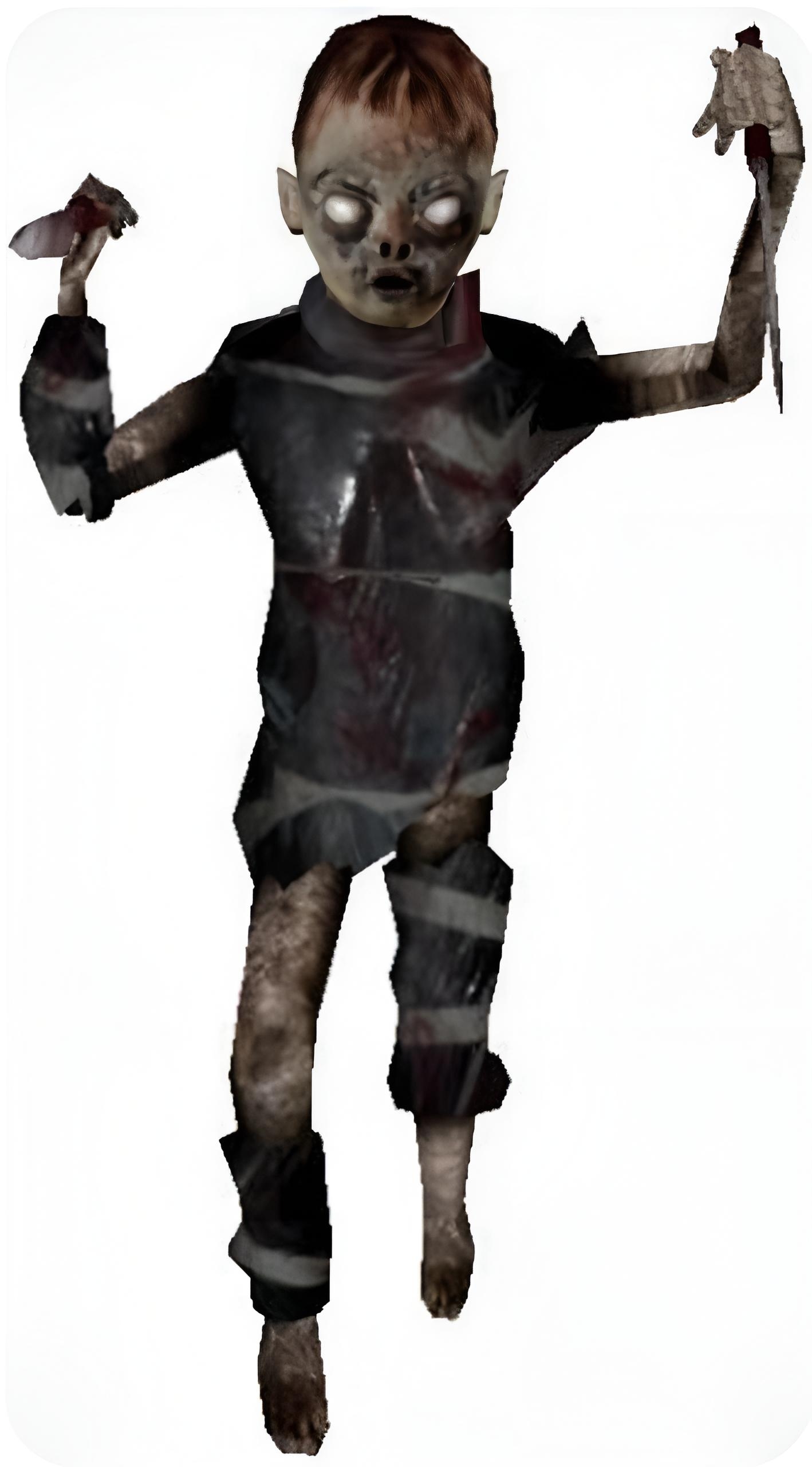 cry of fear, 1boy, bandages over clothes, children (cry of fear), knife, orange hair, white eyes