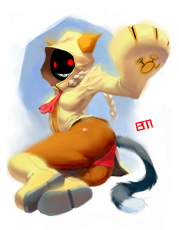 taokaka, arc system works, blazblue, 1girl, animal hood, ass, boots, braid, cat hood, dark-skinned female, dark skin, female focus, grin, hood, panties, red eyes, red panties, smile, solo, tail, twin braids, underwear, white hair