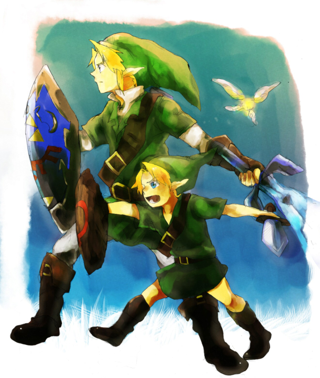 link, navi, young link, nintendo, the legend of zelda, 2boys, blonde hair, blue eyes, deku shield, dual persona, fairy, gloves, hat, holding, holding sword, holding weapon, hylian shield, male focus, master sword, multiple boys, pointy ears, shield, sword, weapon, wooden shield