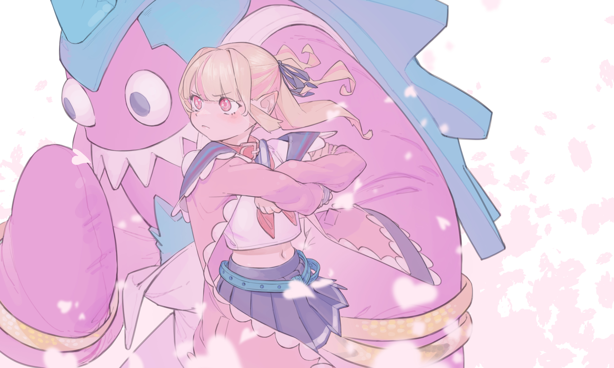 hottakarashi, blanka, makaino ririmu, nijisanji, street fighter, street fighter 6, commentary request, highres, 1boy, 1girl, aqua belt, belt, belt collar, blanka-chan, blue ribbon, blue sailor collar, blue skirt, blunt bangs, blush, cherry blossoms, closed mouth, collar, colored inner hair, cowboy shot, crossed arms, falling petals, grey hair, hair intakes, hair ribbon, jacket, long hair, looking to the side, loose belt, midriff, miniskirt, multicolored hair, navel, neckerchief, off shoulder, official alternate color, open clothes, open jacket, overalls, petals, pink hair, pink jacket, pink streaks, pleated skirt, pointy ears, red collar, red eyes, red neckerchief, ribbon, sailor collar, school uniform, serafuku, shirt, sidelocks, skirt, standing, strap slip, streaked hair, two-tone hair, two side up, v-shaped eyebrows, virtual youtuber, white background, white overalls, white shirt, wind