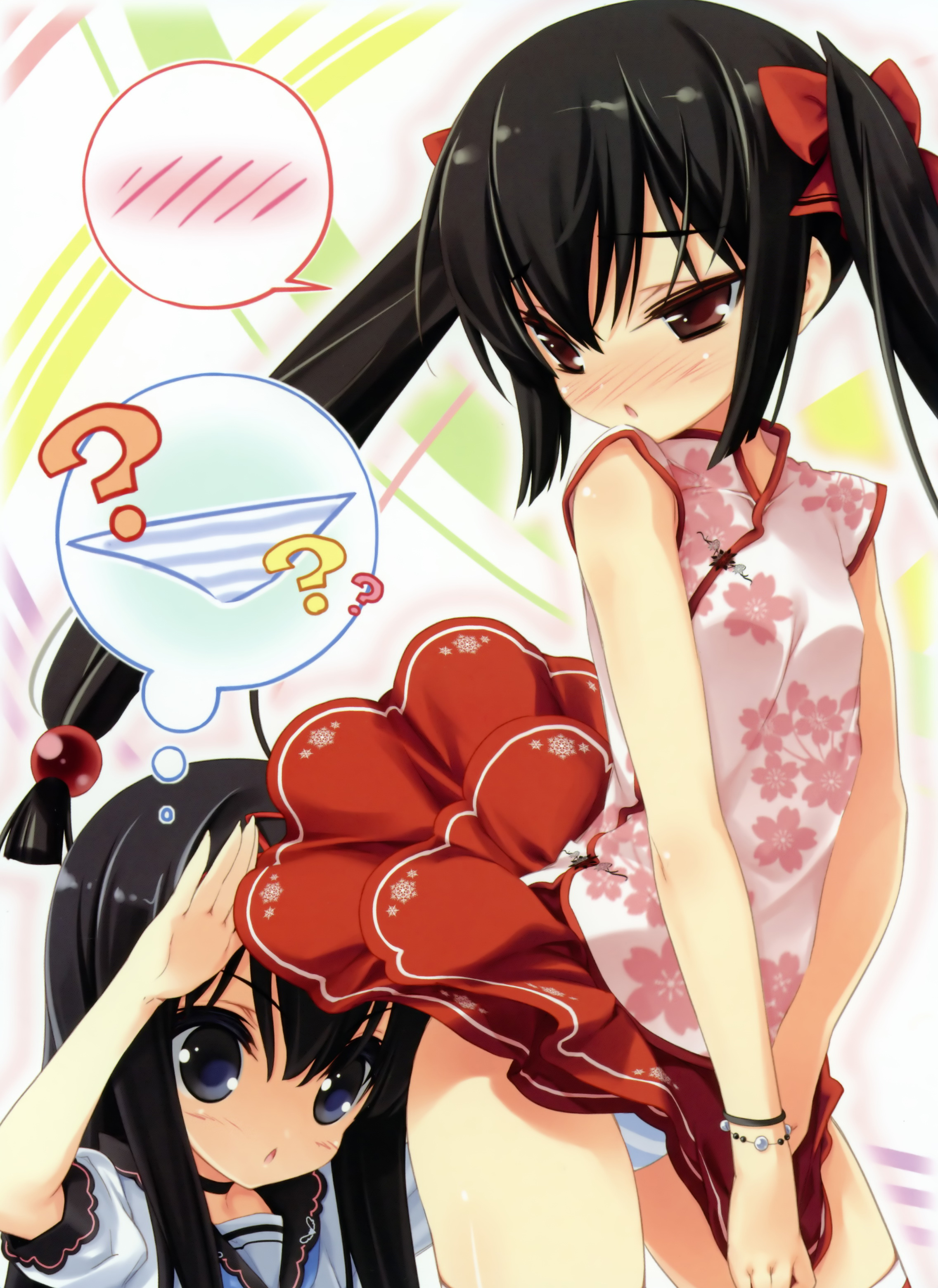 show (rinnetenshow), absurdres, highres, 2girls, :<, :o, ?, black hair, blue eyes, blush, bracelet, brown eyes, china dress, chinese clothes, choker, clothes lift, dress, embarrassed, flat chest, floral print, hair ribbon, jewelry, long hair, looking back, multiple girls, open mouth, panties, pantyshot, ribbon, skirt, skirt flip, skirt lift, speech bubble, spoken blush, striped clothes, striped panties, thighhighs, twintails, underwear