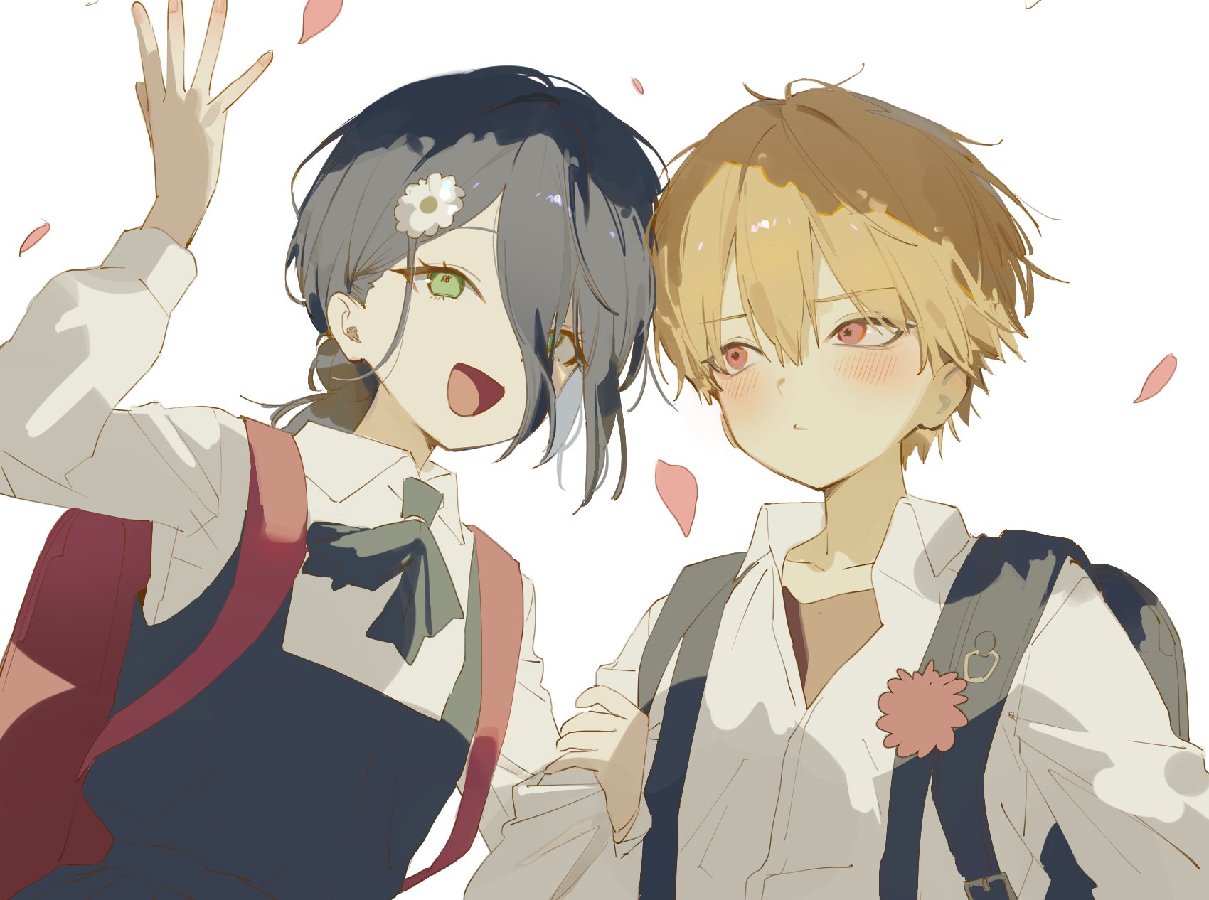 denji (chainsaw man), reze (chainsaw man), chainsaw man, commentary request, highres, korean commentary, 1boy, 1girl, backpack, bag, beka0820, black bag, black dress, black hair, black ribbon, blonde hair, blush, collared shirt, dress, falling petals, flower, green eyes, hair between eyes, hair bun, hair flower, hair ornament, hair over one eye, holding another's arm, looking at another, neck ribbon, official alternate costume, open mouth, petals, pinafore dress, red eyes, red flower, ribbon, school uniform, shirt, shirt under dress, sleeveless, sleeveless dress, smile, updo, upper body, white background, white flower, white shirt