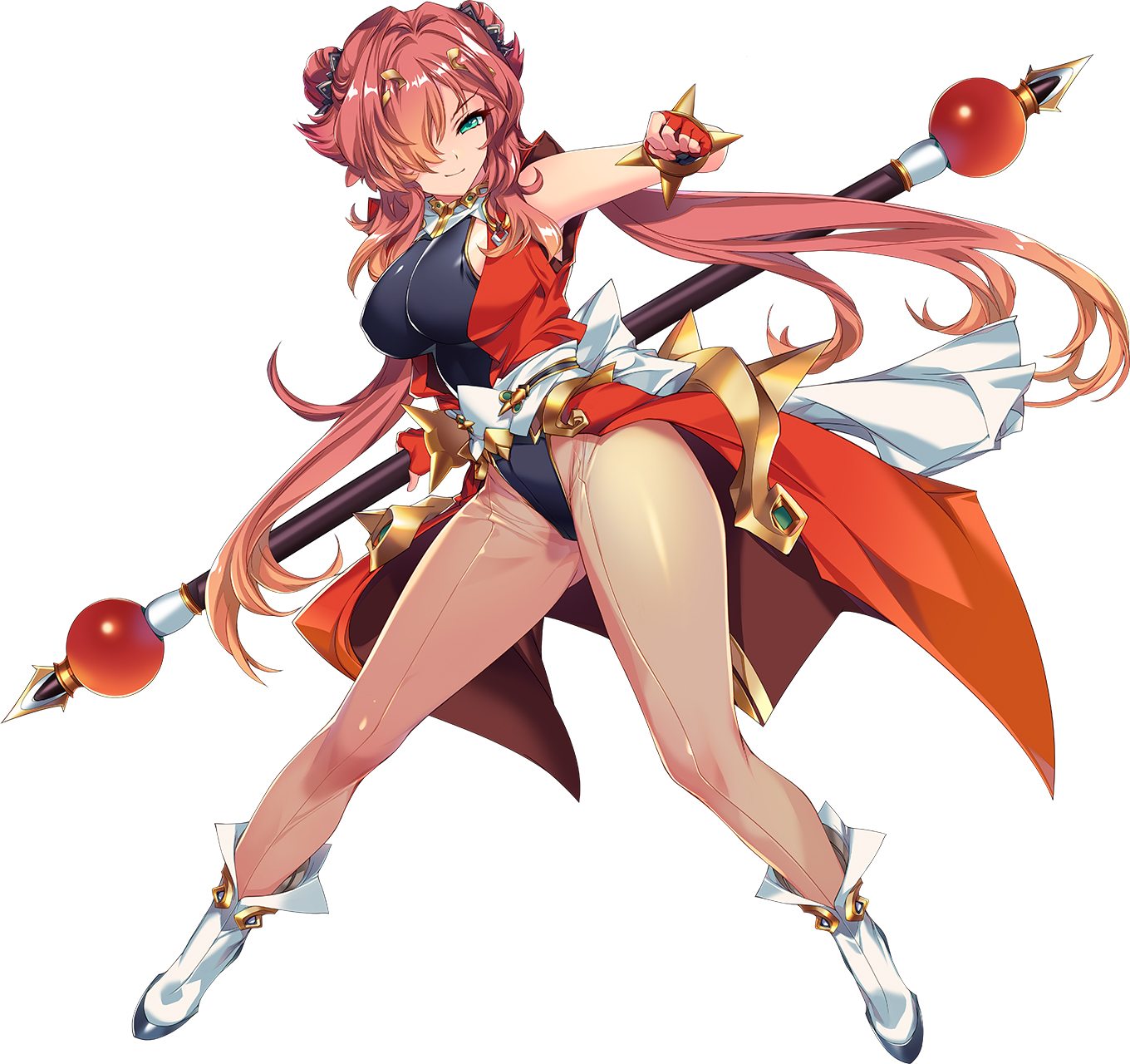 min-naraken, choukou (alicesoft), choukou taisen escalation heroines, highres, official art, 1girl, bare shoulders, bracelet, breasts, clenched hand, full body, gluteal fold, green eyes, hair over one eye, holding, holding staff, japanese clothes, jewelry, large breasts, ninja, red hair, sen ryuu, smile, solo, spiked bracelet, spikes, spread legs, staff