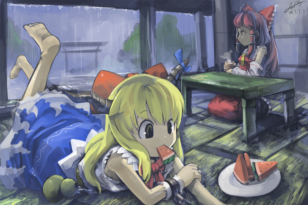 gua, guahhh, hakurei reimu, ibuki suika, touhou, 2girls, barefoot, blonde hair, bow, brown hair, detached sleeves, eating, feet, food, fruit, horns, japanese clothes, legs up, long hair, lying, miko, multiple girls, on stomach, rain, red eyes, seiza, short hair, sitting, tatami, torii, watermelon