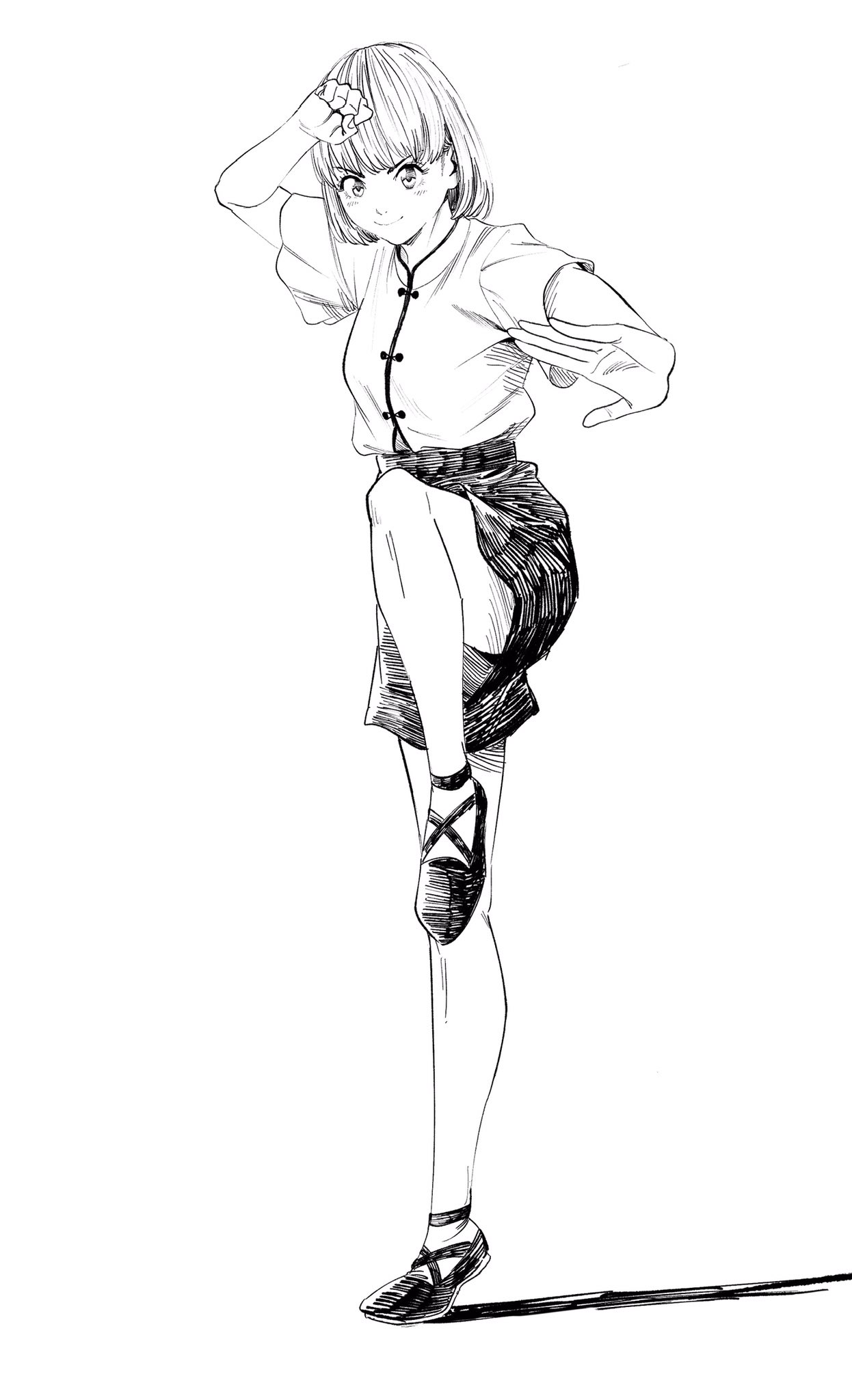 lee (dragon garou), original, commentary request, highres, 1girl, bob cut, breasts, crane stance, greyscale, hatching (texture), high-waist shorts, kung fu, medium breasts, monochrome, short hair, short shorts, shorts, smile, solo, standing, standing on one leg, tiptoes, v-shaped eyebrows