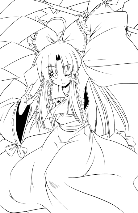 akari ryuryuwa, hakurei reimu, touhou, bad id, bad pixiv id, 1girl, bow, female focus, gohei, greyscale, hair bow, japanese clothes, lineart, long hair, miko, monochrome, ofuda, one eye closed, solo, talisman, white background, wink