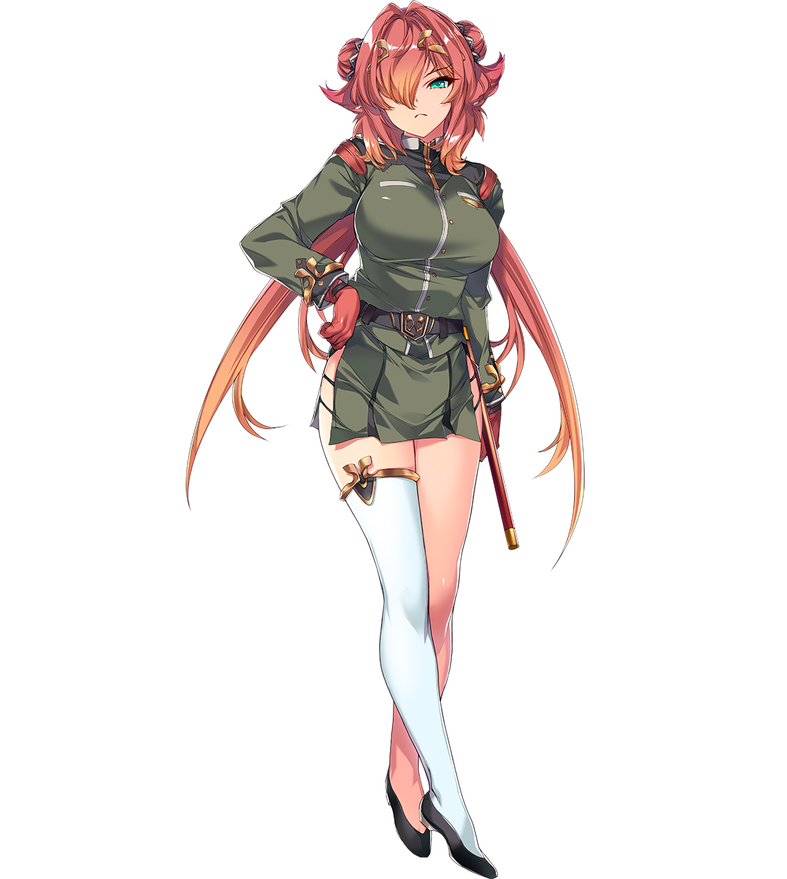 min-naraken, choukou (alicesoft), choukou taisen escalation heroines, highres, official art, 1girl, breasts, clenched hand, full body, gloves, green eyes, hair over one eye, hand on own hip, high heels, large breasts, military uniform, red gloves, red hair, sen ryuu, single thighhigh, solo, stiletto heels, tachi-e, thighhighs