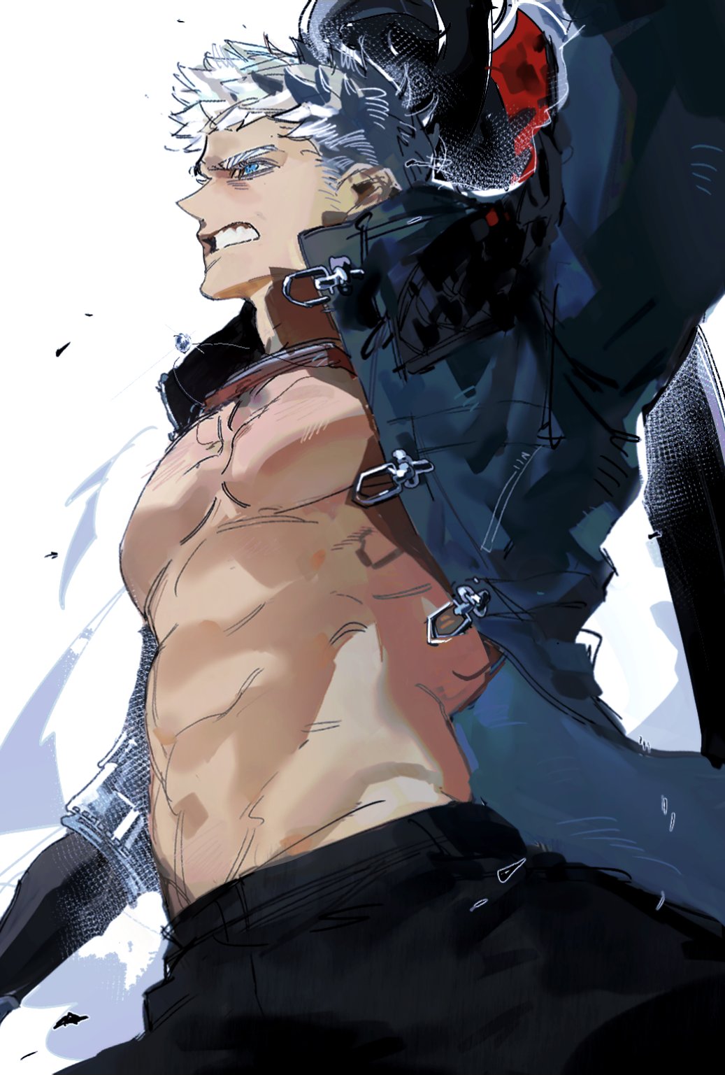 nero (devil may cry), devil may cry (series), hashtag-only commentary, highres, 1boy, abs, arm up, black pants, blue coat, blue eyes, clenched teeth, coat, demon, enopth1102, looking ahead, male focus, open clothes, open coat, pants, pectorals, short hair, simple background, solo, teeth, topless male, white hair