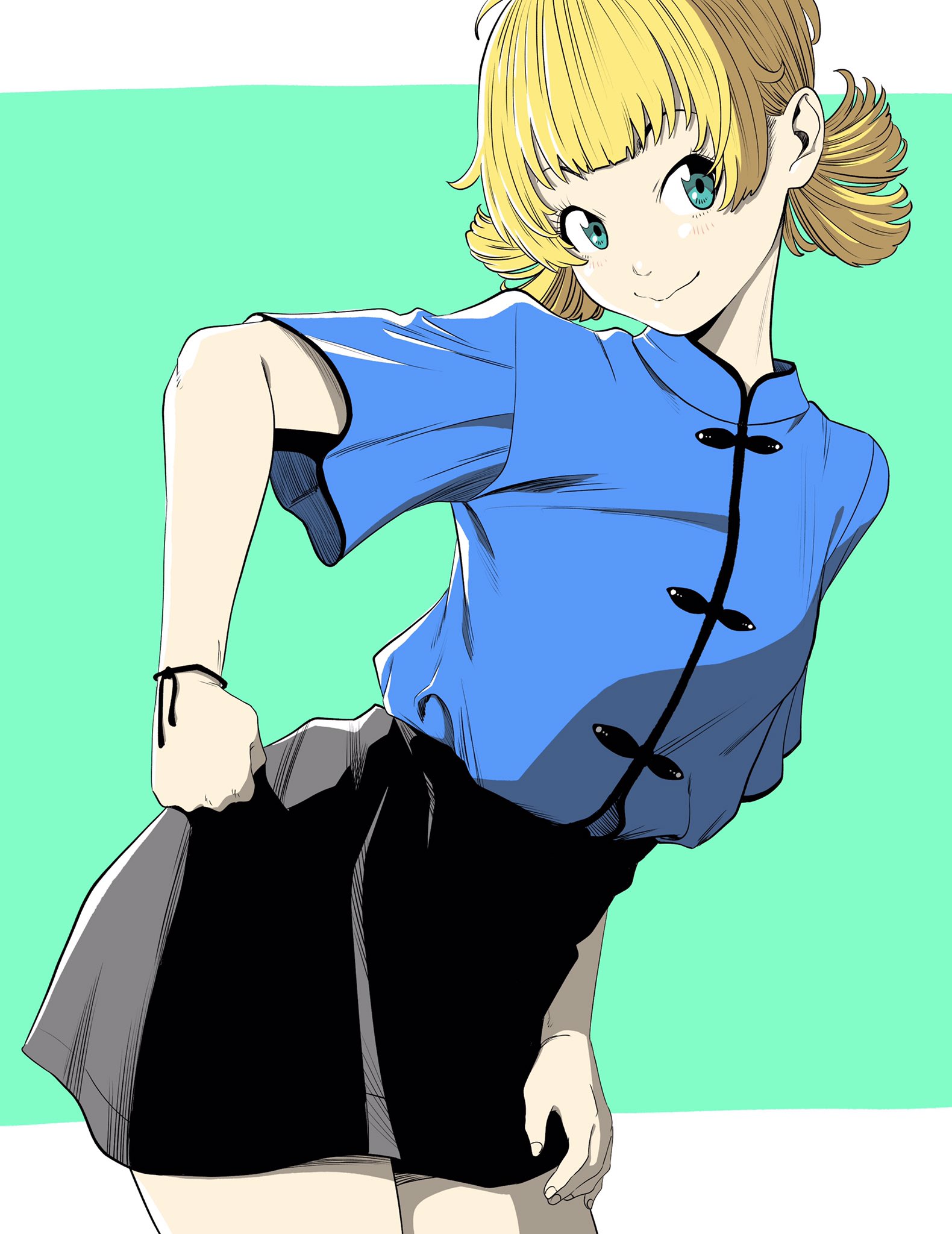 lee (dragon garou), original, commentary request, highres, 1girl, aqua eyes, black skirt, blonde hair, bracelet, breasts, chinese clothes, contrapposto, cowboy shot, eyebrows hidden by hair, hand on own hip, high-waist skirt, jewelry, medium breasts, miniskirt, short twintails, skirt, smile, solo, twintails