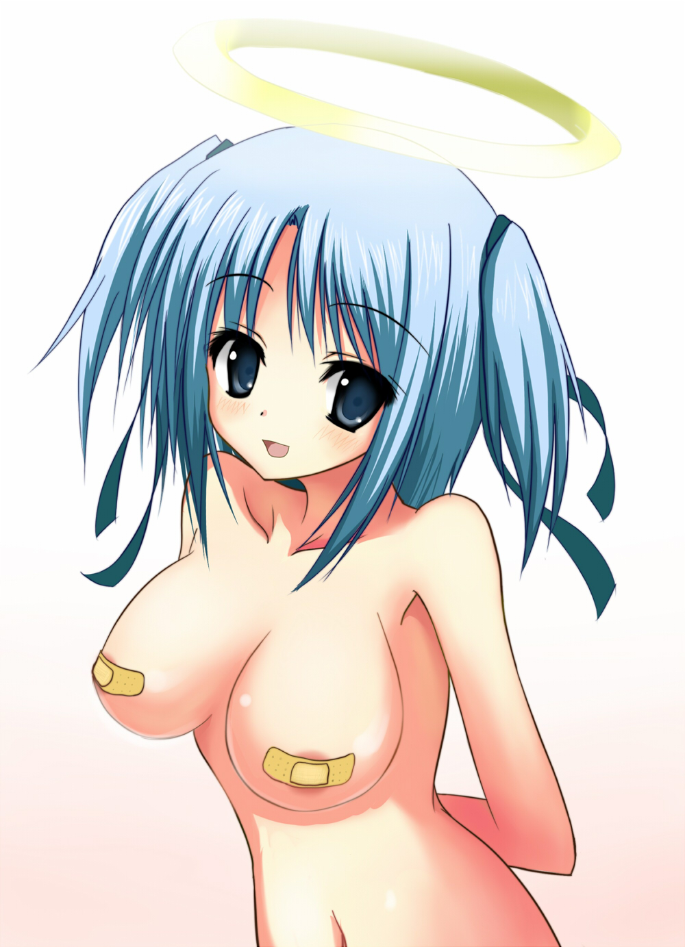 suimii, mitsukai dokuro, bokusatsu tenshi dokuro-chan, highres, 00s, 1girl, angel, bandaid, bandaids on nipples, blue eyes, blue hair, breasts, female focus, halo, large breasts, matching hair/eyes, pasties, solo, topless female, twintails, two side up