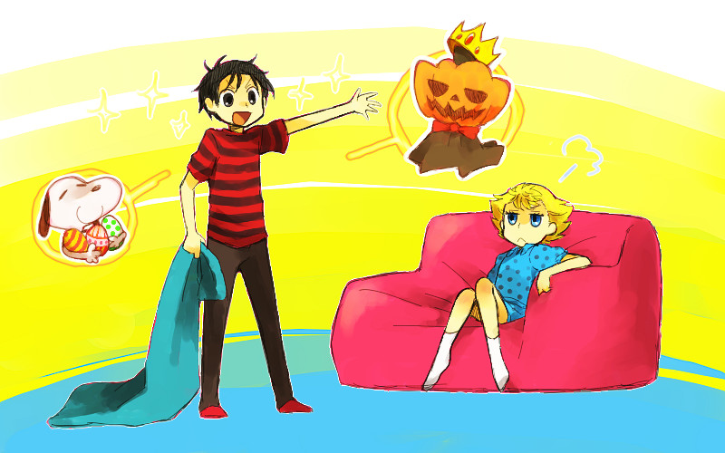 tsunoji, linus van pelt, sally brown, snoopy, peanuts (comic), commentary request, 1boy, 1girl, black eyes, black hair, blanket, blonde hair, blue dress, blue eyes, dog, dress, polka dot, polka dot dress, pumpkin, shirt, short hair, sitting, smile, striped clothes, striped shirt