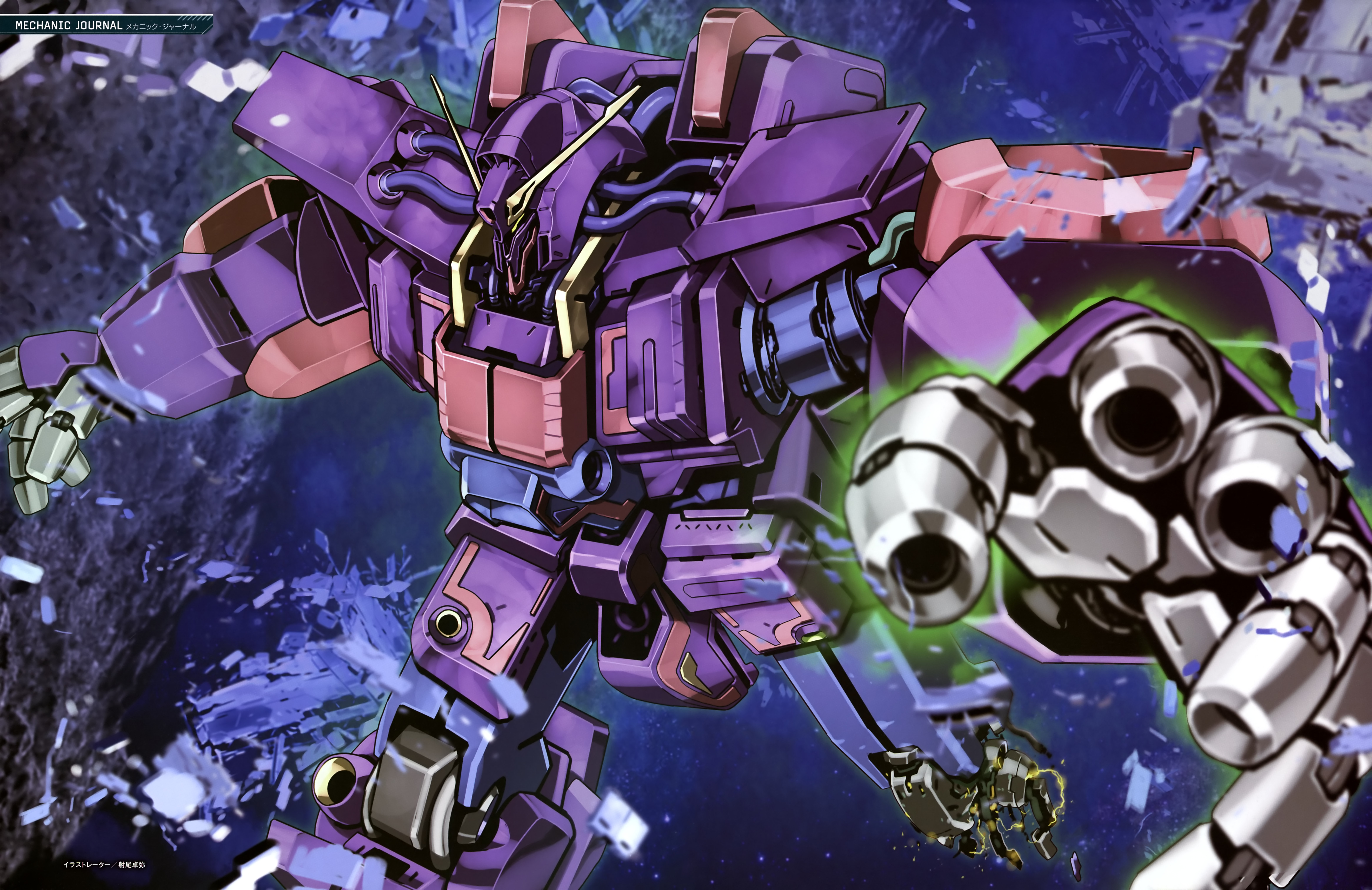 io takuya, psycho gundam mk ii, gundam, gundam zz, zeta gundam, absurdres, highres, magazine scan, painting (medium), scan, traditional media, battle, beam cannon, blurry, blurry foreground, cable, damaged, debris, finger cannon, glowing, gundam perfect file, machinery, mecha, mecha focus, mobile armor, neo zeon, no humans, one-eyed, robot, scene reference, science fiction, solo, titans (gundam), v-fin, yellow eyes