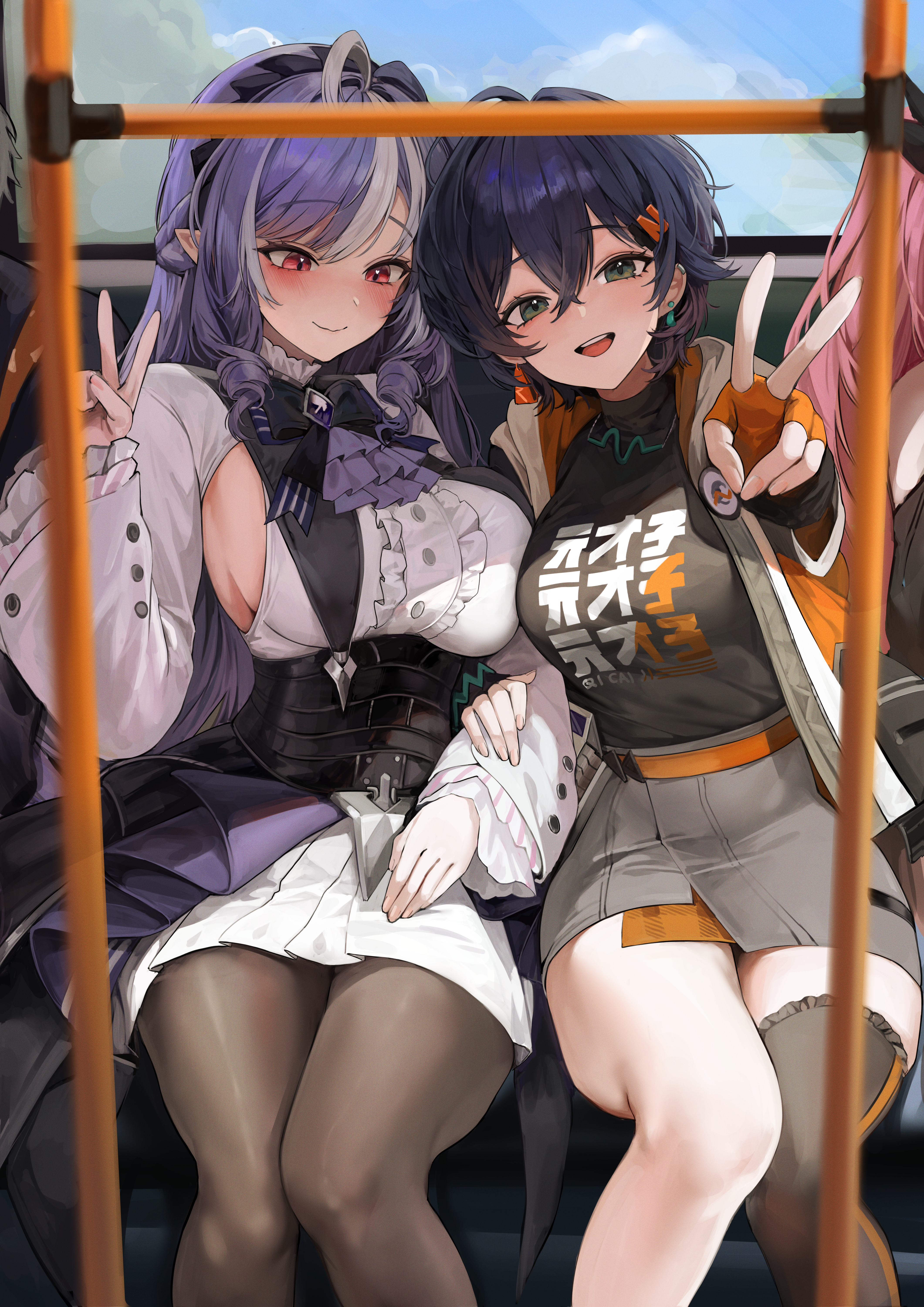 lillly, belle (zenless zone zero), nicole demara, vivian banshee, wise (zenless zone zero), zenless zone zero, absurdres, commentary request, highres, 1boy, 3girls, black pantyhose, black thighhighs, blue hair, blush, breasts, brother and sister, center frills, closed mouth, earrings, fingerless gloves, fingernails, frills, gloves, green eyes, hair between eyes, hand on another's arm, hand up, jewelry, large breasts, locked arms, long hair, looking at another, looking at viewer, looking down, multicolored hair, multiple girls, open clothes, open mouth, orange gloves, pantyhose, pointy ears, purple hair, red eyes, short hair, siblings, sideboob, single glove, single thighhigh, sitting, skirt, smile, streaked hair, symbol-shaped pupils, teeth, thighhighs, thighs, upper teeth only, v, white hair, yuri