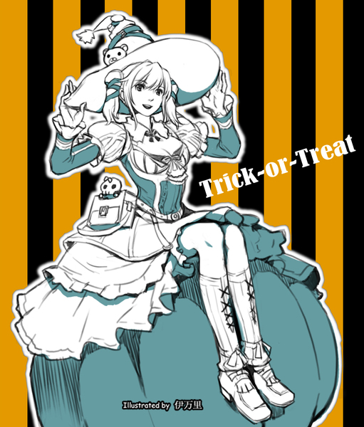 veraqueen, granado espada, 1girl, aqua theme, ascot, bear, belt, dress, female focus, full body, gloves, halloween, hat, kneehighs, monochrome, orange background, skull, socks, solo, striped background, trick or treat, witch hat
