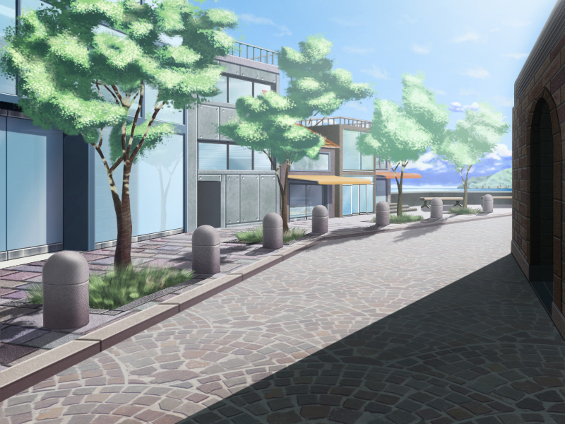 gano bg, bench, cloud, day, empty street, long shadow, no humans, pavement, pavers, road, scenery, sidewalk, sky, street, tree, vanishing point