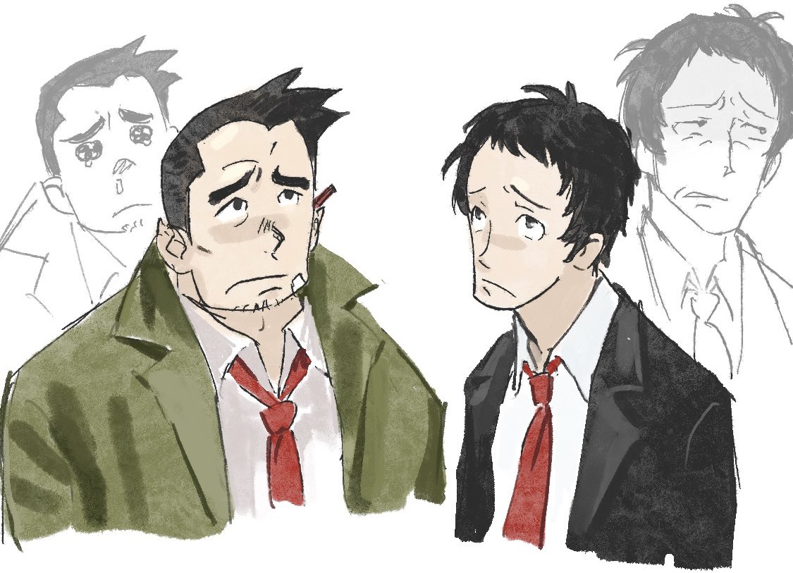godzillapigeon1, adachi tooru, dick gumshoe, ace attorney, persona, persona 4, 2boys, bandaid, bandaid on cheek, bandaid on face, black eyes, black hair, black jacket, closed mouth, coat, collared shirt, confused, crossover, disgust, emoji, facial hair, formal clothes, goatee stubble, green coat, jacket, long sleeves, looking up, male focus, multiple boys, necktie, pencil behind ear, pleading face emoji, red necktie, runny nose, shirt, short hair, simple background, snot, stubble, suit, tearing up, upper body, white background, white shirt