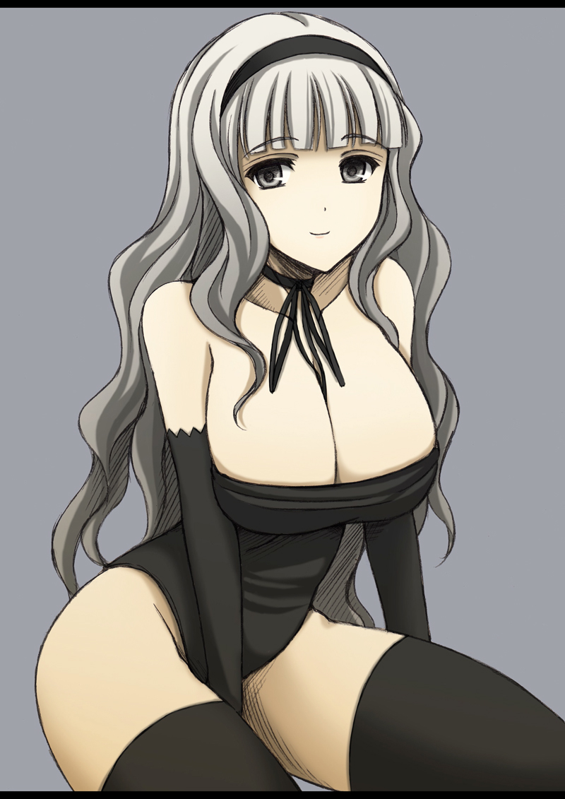 okumoto yuuta, shijou takane, idolmaster, idolmaster (classic), 00s, 1girl, bare shoulders, breasts, cleavage, female focus, grey eyes, grey hair, huge breasts, long hair, smile, solo, thighhighs