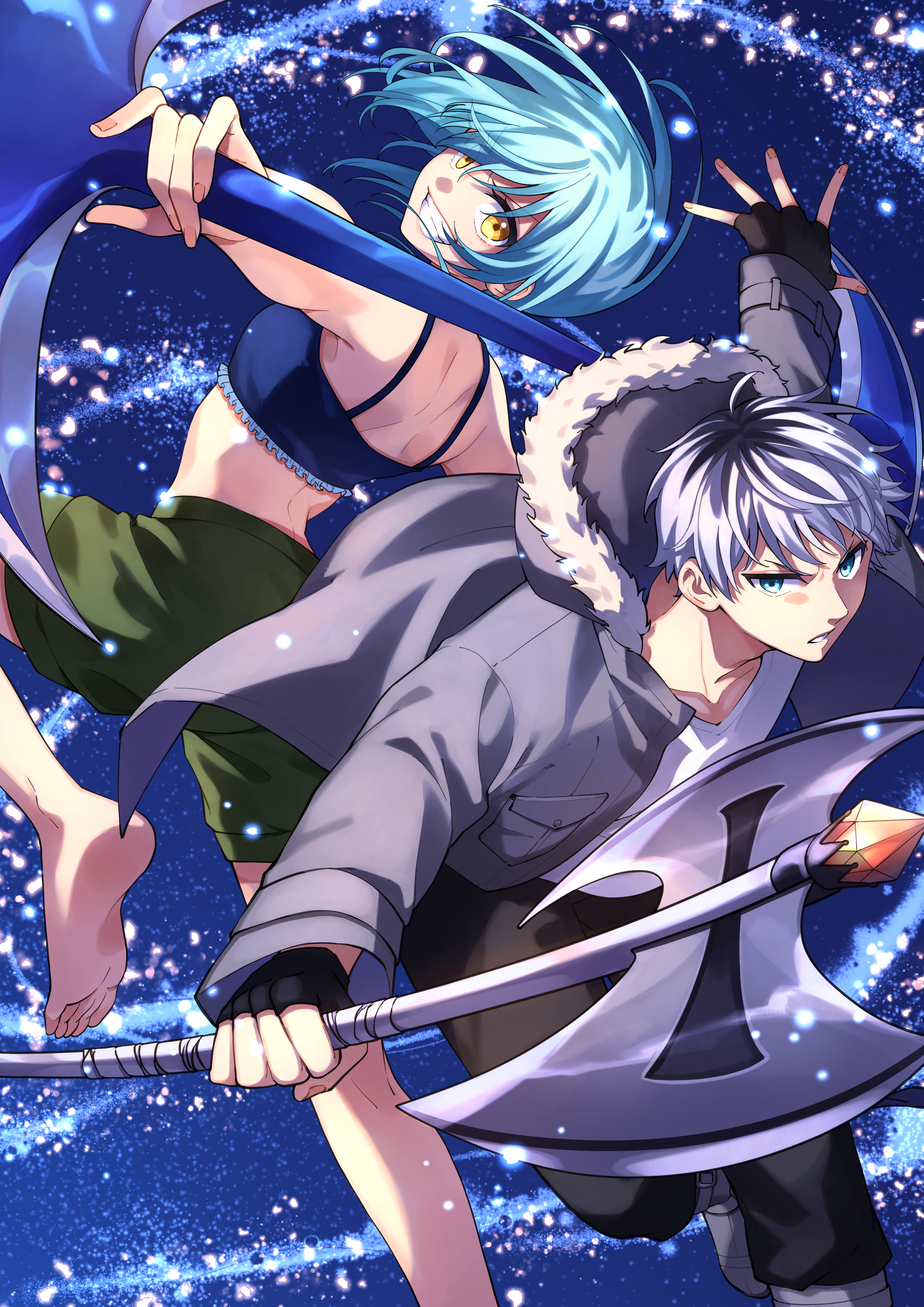 original, absurdres, commentary request, commission, highres, skeb commission, 1boy, 1girl, arched back, axe, barefoot, battle axe, black gloves, black hair, black pants, blue camisole, blue hair, boots, breasts, camisole, coat, crop top, fingerless gloves, fur-trimmed hood, fur trim, gloves, green shorts, grey boots, grey coat, grey hair, grin, holding, holding axe, hood, medium hair, multicolored hair, outstretched arms, pants, roots (hair), serious, shirt, shorts, small breasts, smile, tohyama shage, two-tone hair, weapon, white shirt, winter clothes, winter coat, yellow eyes