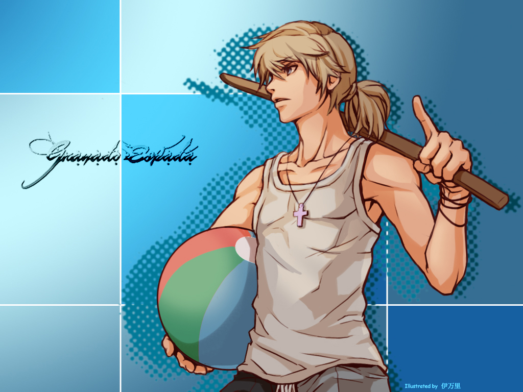 veraqueen, fighter (granado espada), granado espada, bad id, bad pixiv id, 1boy, ball, beachball, blonde hair, cross, grey male swimwear, grey swim trunks, male focus, male swimwear, pointing, ponytail, solo, swim trunks, swimsuit, undershirt, upper body