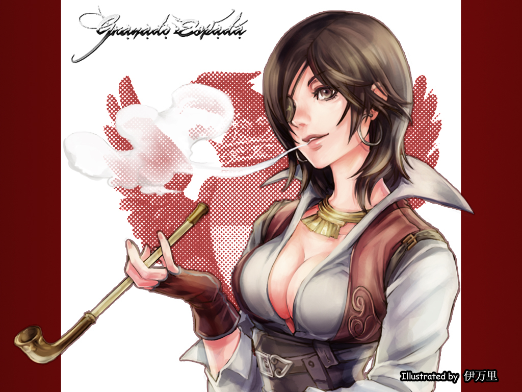 veraqueen, adelina esperanza, granado espada, 1girl, belt, brown eyes, brown hair, earrings, eyepatch, female focus, fingerless gloves, gloves, jewelry, kiseru, smoke, smoking pipe, solo