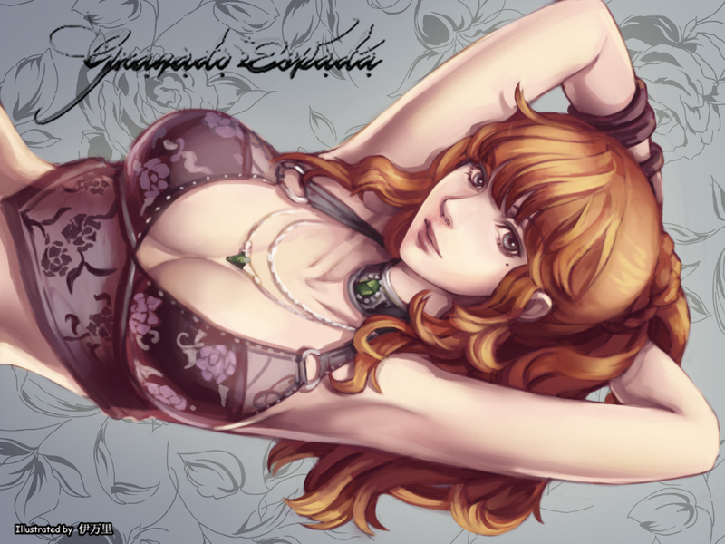 veraqueen, wizard (granado espada), granado espada, 1girl, arms behind head, arms up, bikini, brown hair, female focus, grey eyes, jewelry, lying, mole, mole under eye, ponytail, solo, swimsuit, upper body