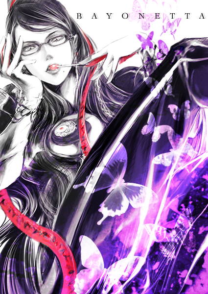 akenokalas, mochinue, bayonetta, bayonetta (series), bayonetta 1, 1girl, amulet, black hair, bug, butterfly, candy, cleavage cutout, clothing cutout, earrings, elbow gloves, female focus, food, glasses, gloves, hair ribbon, insect, jewelry, lollipop, long hair, mole, mole under mouth, red ribbon, ribbon, solo, very long hair