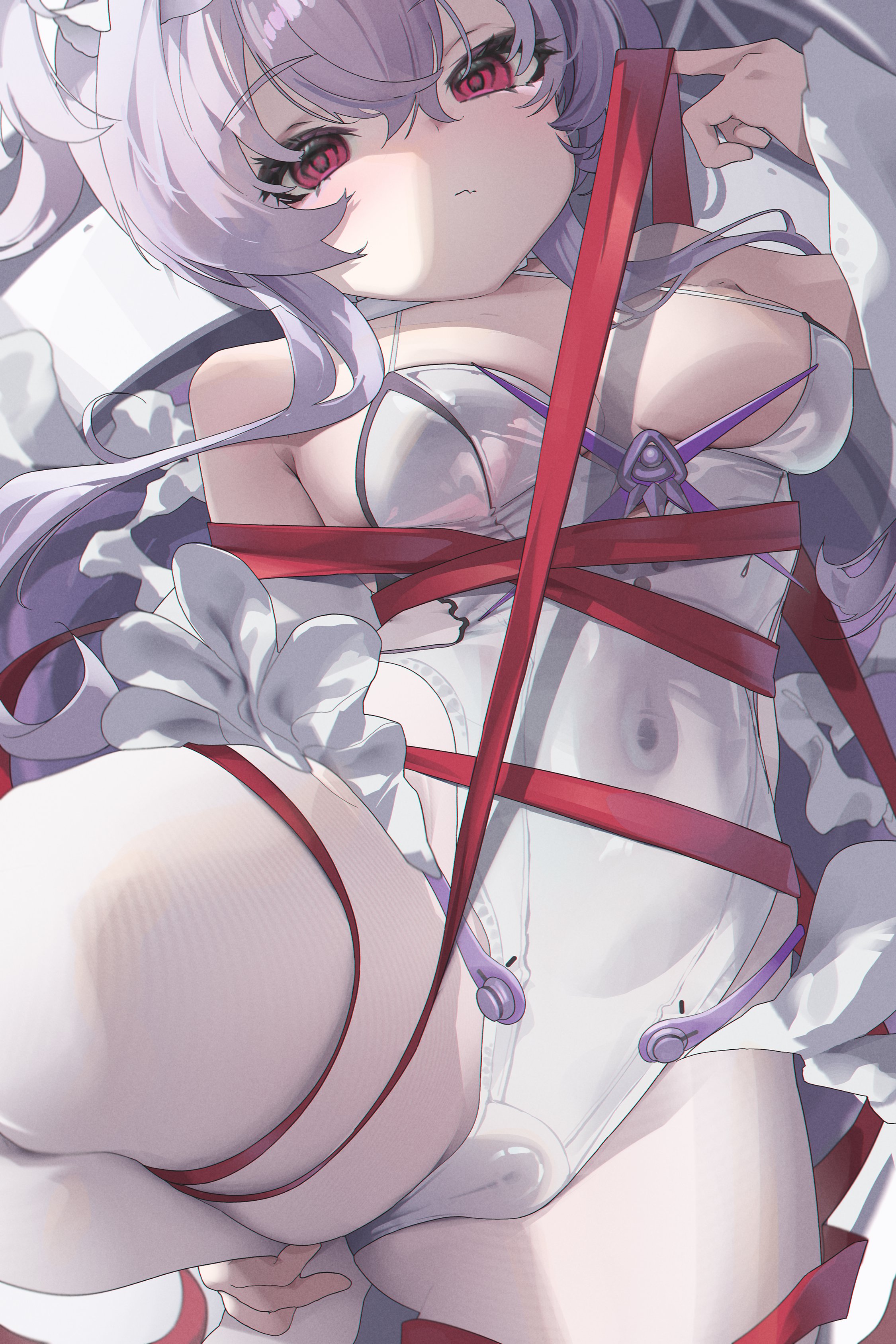 gloomyowl, liberalio (nikke), goddess of victory: nikke, absurdres, highres, 1girl, bodystocking, bound, breasts, cameltoe, covered navel, detached sleeves, frills, hand on own ankle, knee up, latex, leotard, medium breasts, pointing, pointing at self, purple hair, red eyes, red ribbon, ribbon, solo, tied up (nonsexual), white bodystocking, white leotard