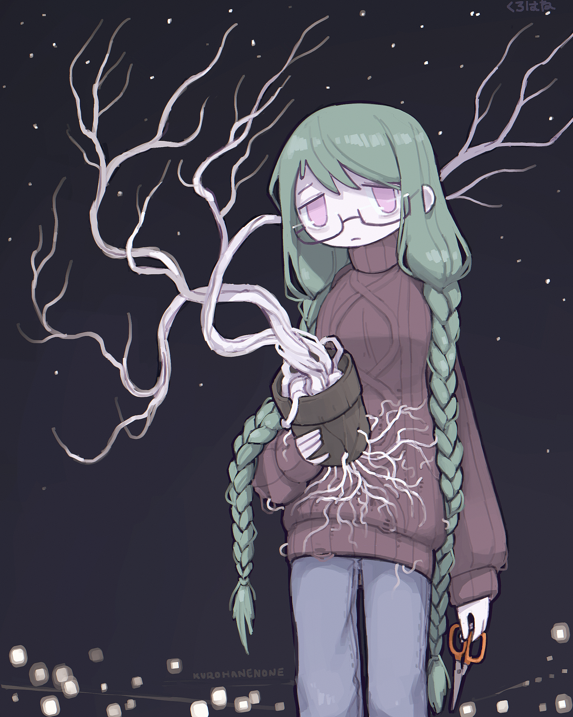 kurohanenone, original, absurdres, commentary, english commentary, highres, 1girl, artist name, braid, brown sweater, denim, glasses, green hair, holding, holding plant, holding scissors, jeans, long hair, pants, pink eyes, plant, plant roots, potted plant, scissors, semi-rimless eyewear, simple background, sweater, twin braids, very long hair