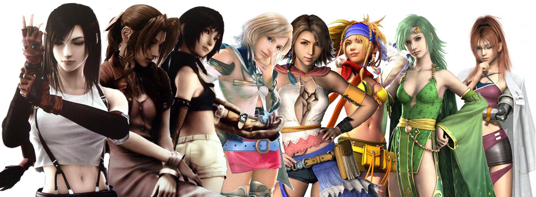 aerith gainsborough, ashelia b'nargin dalmasca, rikku (ff10), rydia (ff4), shalua rui, tifa lockhart, yuffie kisaragi, yuna, final fantasy, final fantasy iv, final fantasy vii, final fantasy x, final fantasy x-2, final fantasy xii, square enix, silver hair, highres, official art, 00s, 1990s (style), 3d, 6+girls, black hair, blonde hair, breasts, brown hair, cowboy shot, crossover, female focus, green hair, lineup, multiple girls, navel, retro artstyle