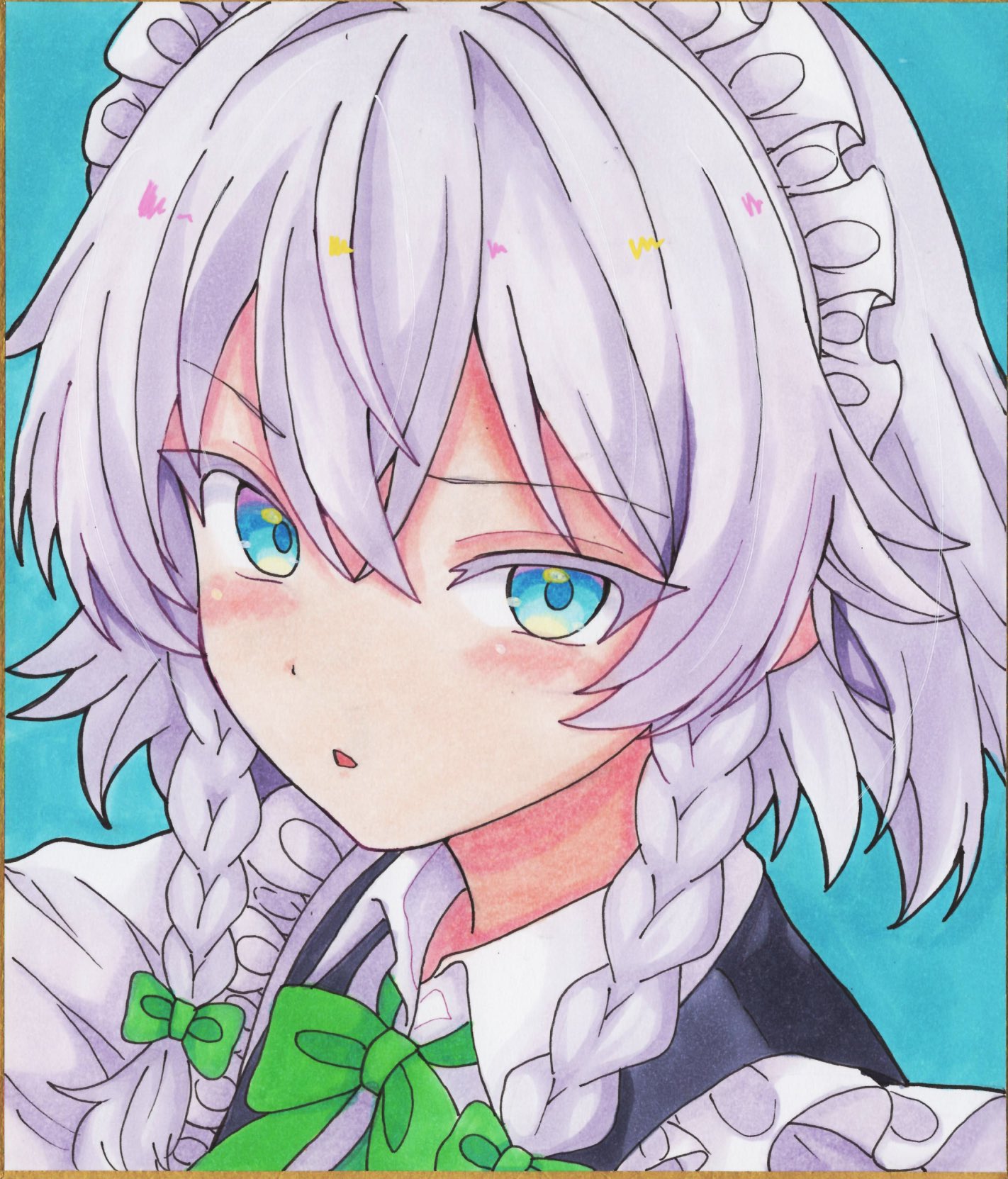 izayoi sakuya, touhou, commentary request, highres, traditional media, 1girl, blue eyes, blush, bow, bowtie, braid, collared shirt, green bow, green bowtie, grey hair, hair bow, hoshi tea party, long hair, looking at viewer, maid, maid headdress, open mouth, shikishi, shirt, solo, twin braids, white shirt