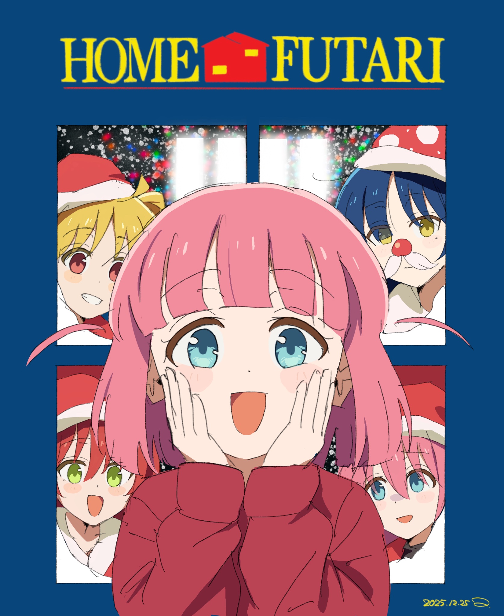 ta4831, gotoh futari, gotoh hitori, ijichi nijika, kita ikuyo, yamada ryo, bocchi the rock!, home alone, commentary request, highres, 5girls, :d, blonde hair, blue eyes, blue hair, christmas, green eyes, hair between eyes, hat, kessoku band, long hair, merry christmas, multiple girls, open mouth, pink hair, ponytail, red hair, santa costume, santa hat, smile