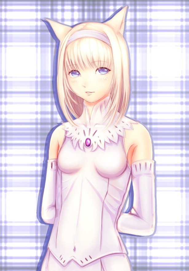 tyamag, mithra (ff11), final fantasy, final fantasy xi, 00s, animal ears, blonde hair, blue eyes, cat ears, dress, elbow gloves, gloves, hairband, short hair